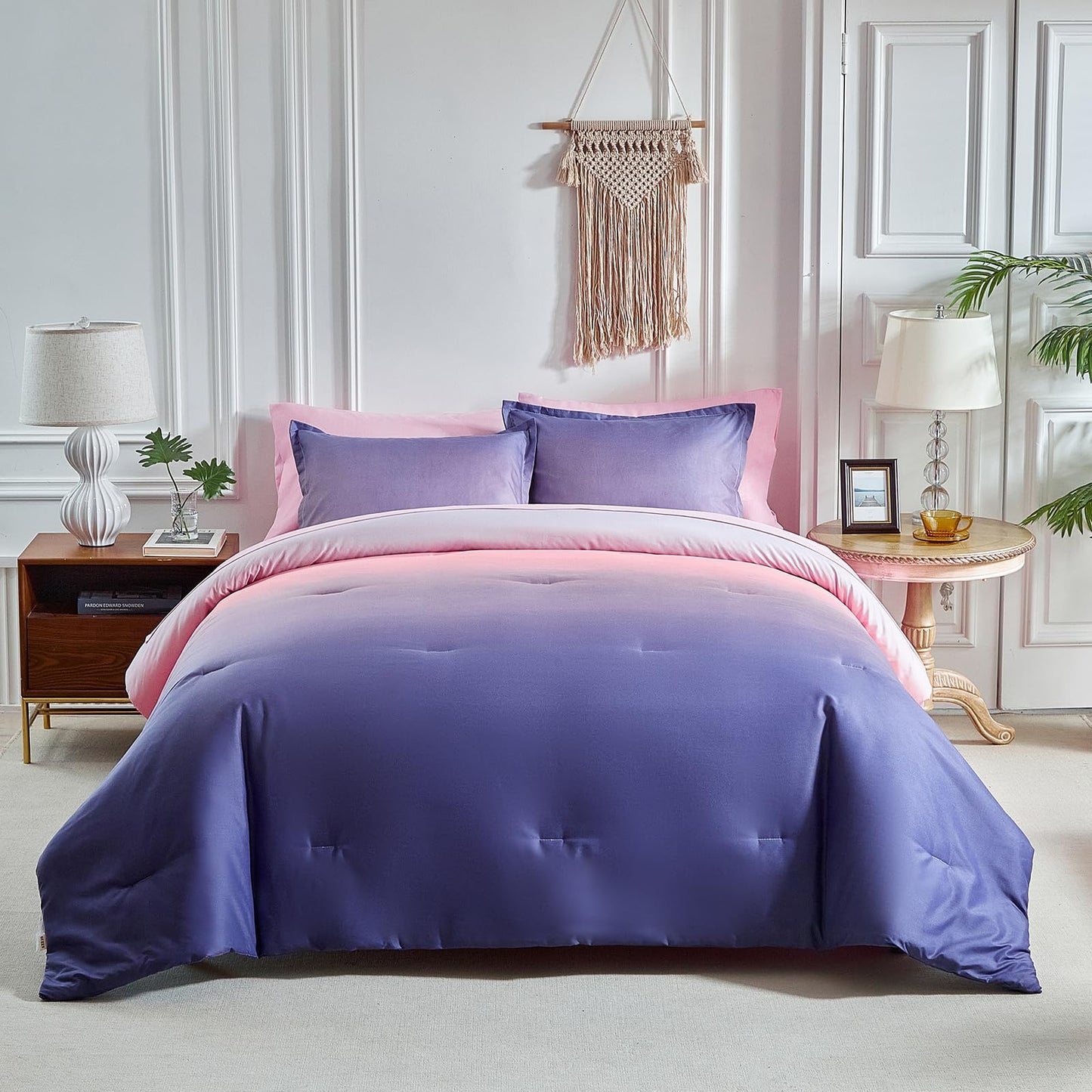 Grey Pink and Purple Gradient Comforter Set Twin Size 6 Pieces Elegant Ombre Bed in a Bag - Reversible All Season Bedding Set with Comforter, Flat Sheet, Fitted Sheet, Pillowcase & 2 Pillow Shams