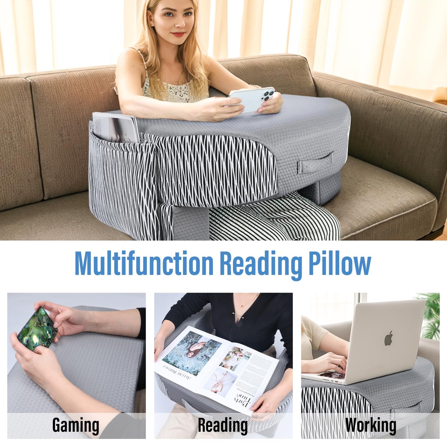 LEBENGURU Reading Pillow for Laptop, Extra Large Armrest Gaming Pillow for Working, Hight Adjustable Lap Desk Pillow for Adult Sitting in Bed, Floor, Sofa（Stripe and Grey）