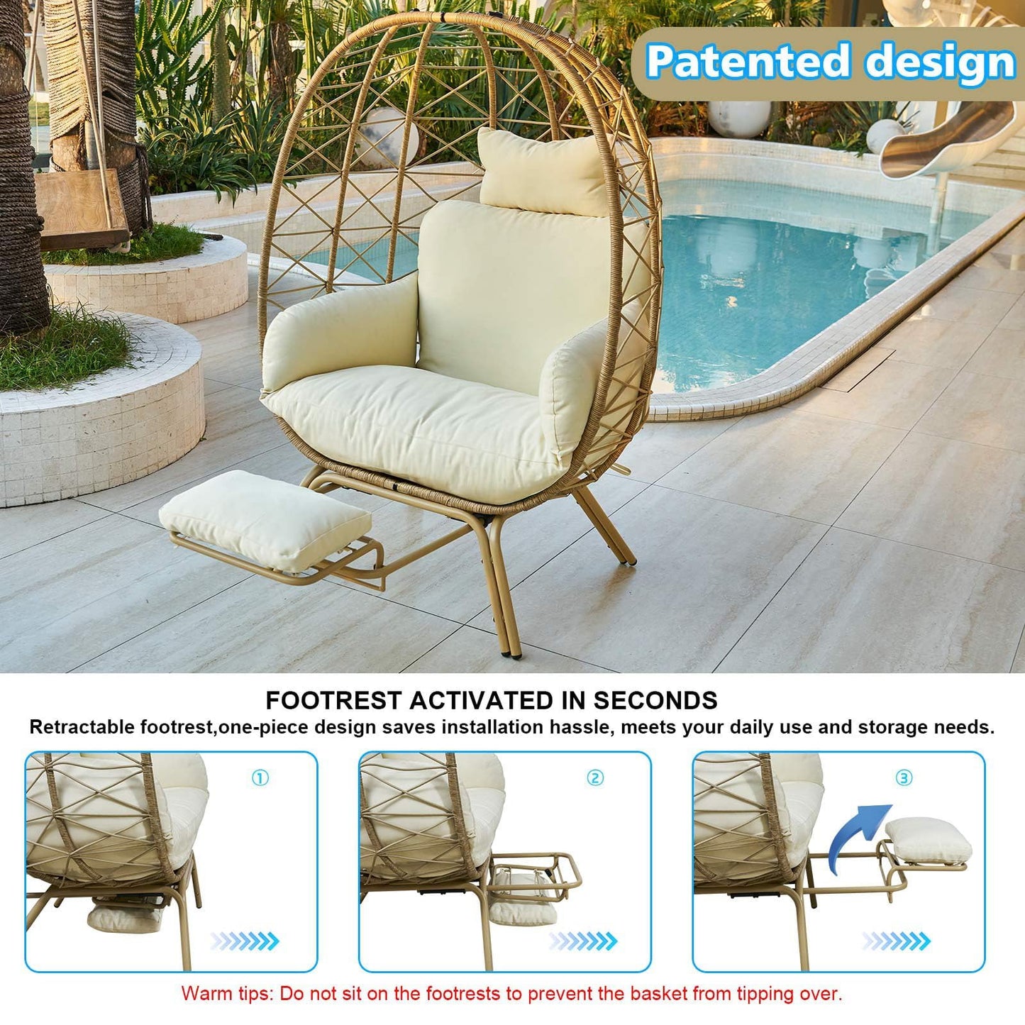 Outlux Wicker Egg Chair with Cushion & Footrest - Oversized 450lb Capacity Boho Hanging Chair for Indoor/Outdoor - Beige Rattan Lounge Seat for Patio, Balcony, Garden, Home