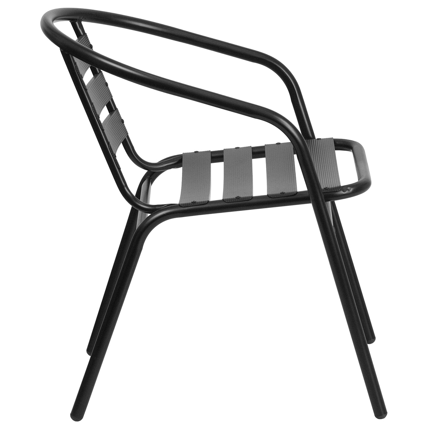 EMMA + OLIVER Patio Table & Chairs Set - Rectangular Metal Table with Tempered Glass Top - 6 Black Aluminum Stacking Chairs - All Weather for Indoor/Outdoor Use