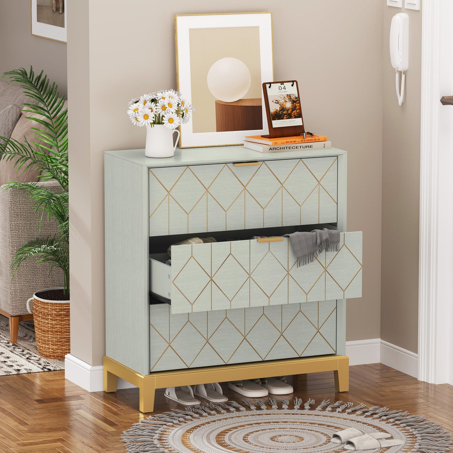 HLR 3 Drawer Dresser for Bedroom, Modern Wood Chest of Drawers with Gold Trim, Accent Dresser Storage Tower, Green Organizer Cabinet for Closet, Living Room, Hallway, Entryway