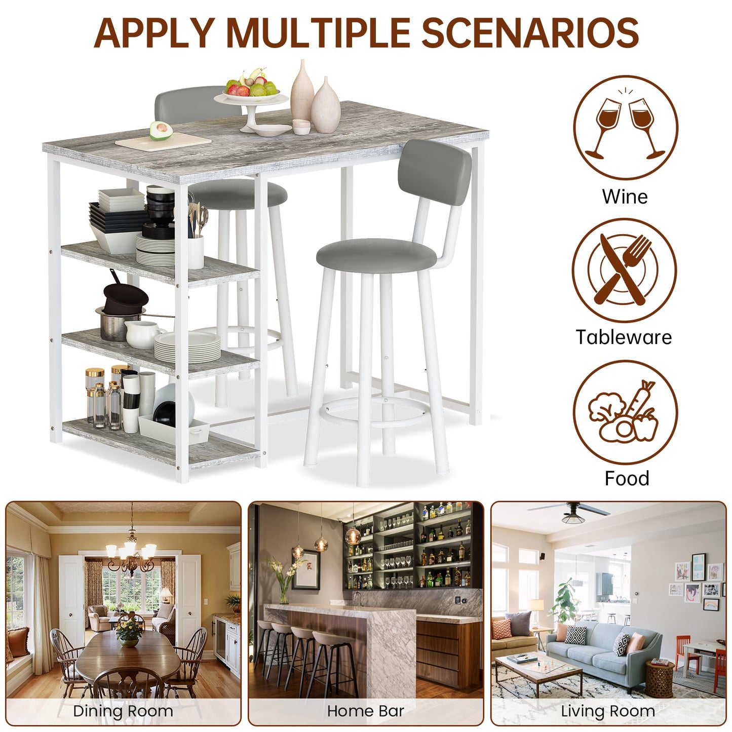 DKLGG Dining Table Set for 2, Counter Height Pub Table with 2 PU Leather Widen Backrest Bar Stools & 3 Storage Shelves, Bar and Chairs Set for Small Space Kitchen, Dining Room, Bar, Grey