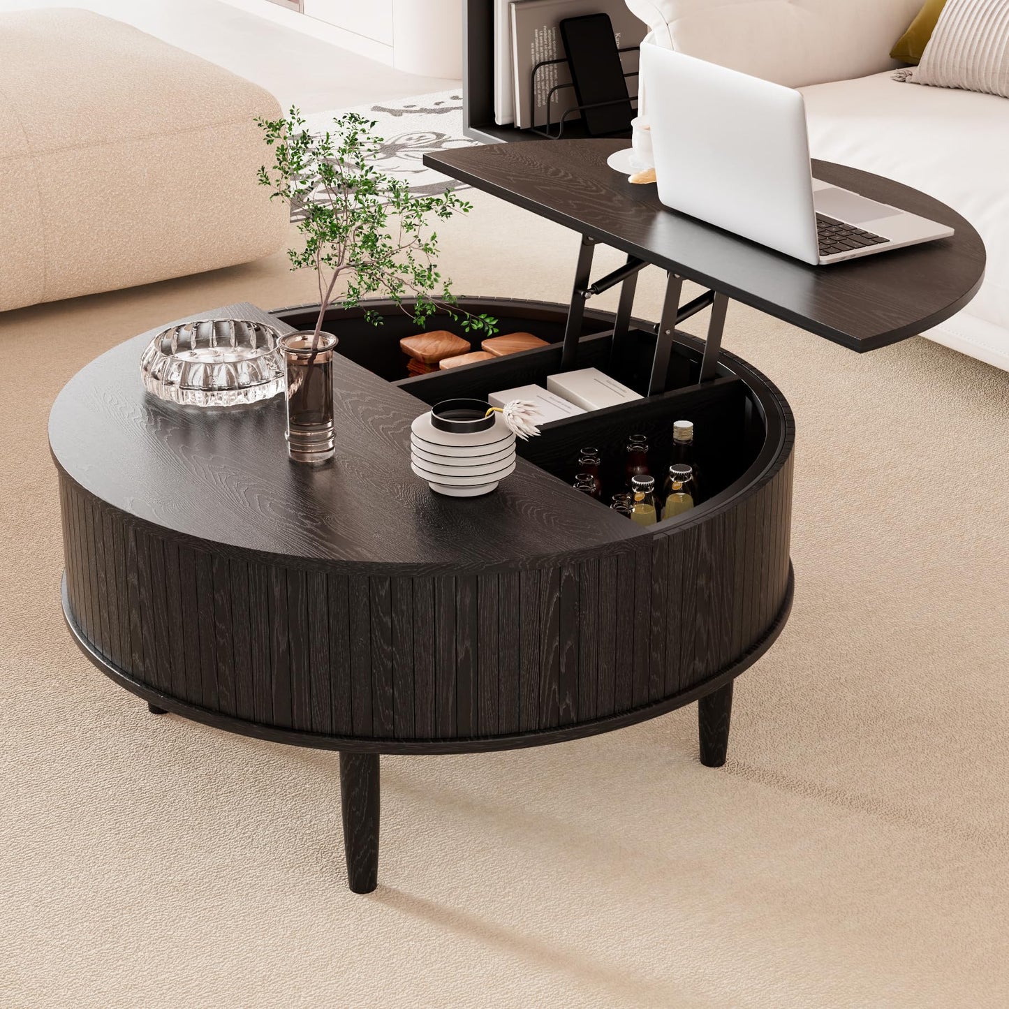 Round Fluted Lift Top Coffee Table with Storage, Mid Century Modern Coffee Table for Living Room, Home Small Space,31.5" Fluted Center Table (Black, 31.5inch)