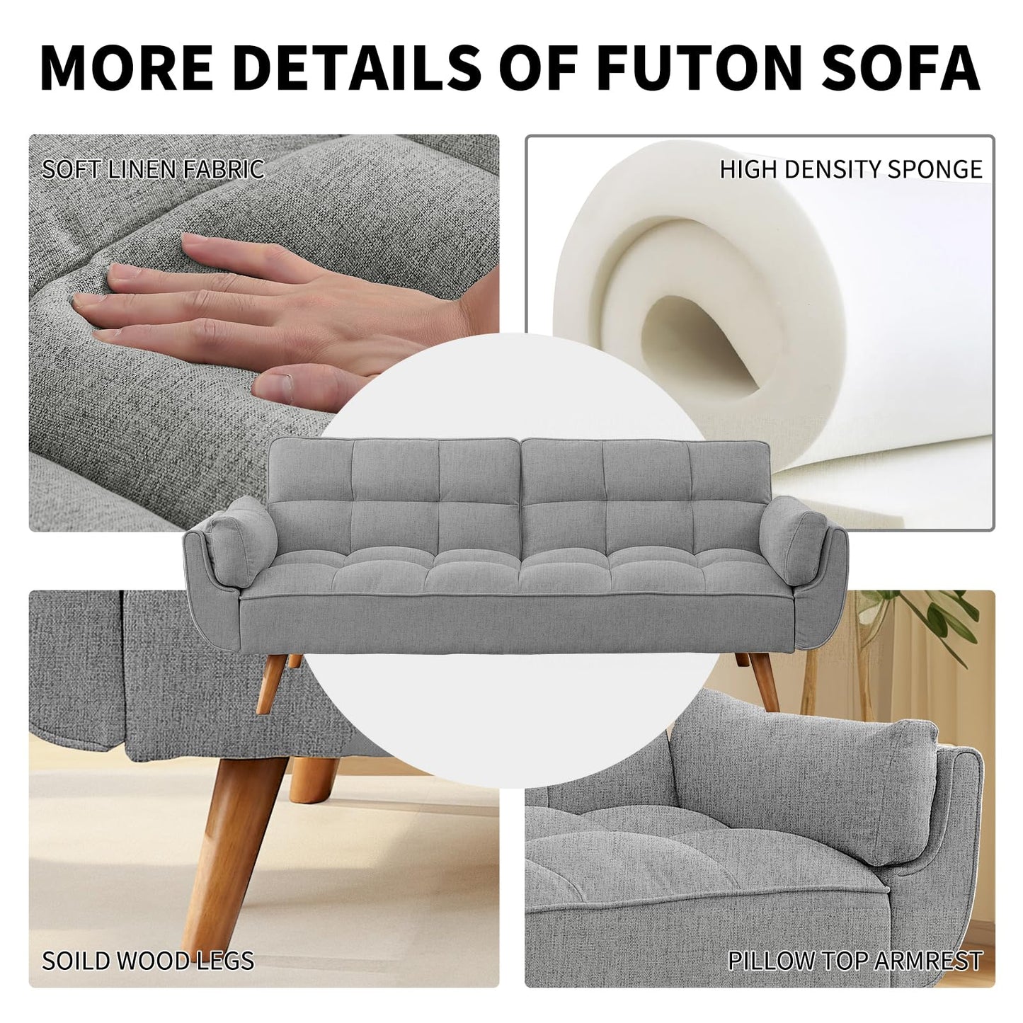 Homies Life Convertible Futon Sofa Bed, Linen Sleeper Couch, 75" W Modern 3 Seater Tufted Sofa with Adjustable Backrests and Solid Wood Legs for Living Room, Bedroom, Small Space, Gray
