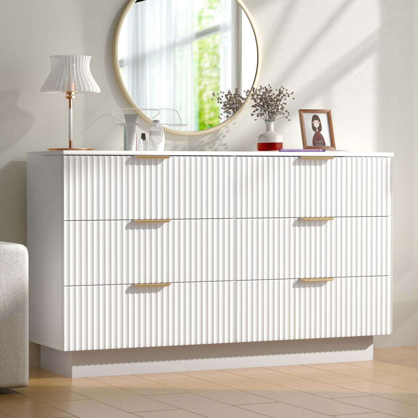 Fluted Dresser for Bedroom with 6 Drawers, 47" Wide Chest of Drawers with LED Light and Charging Station, Wood Drawer Organizer for Bedroom, Living Room, Hallway, Entryway
