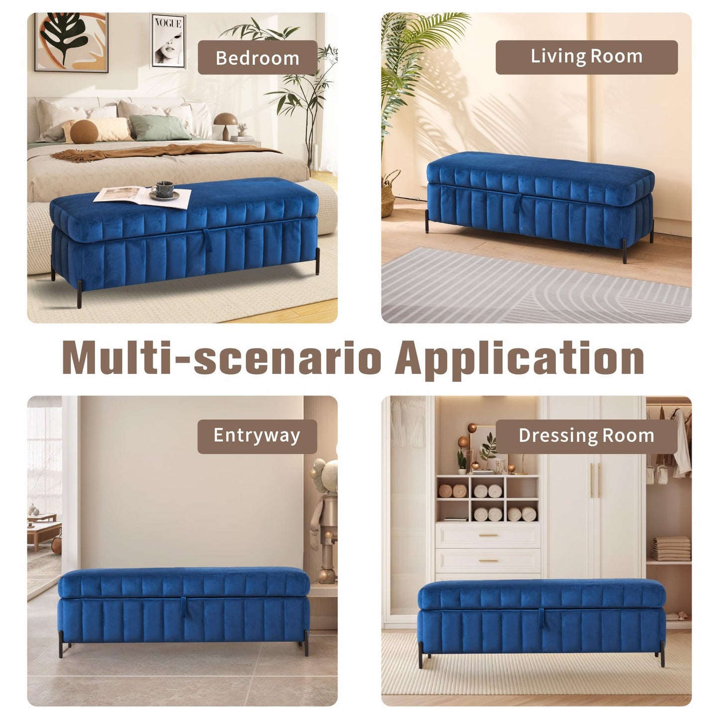 Sinzho & Wiyfun Upholstered 49.2" End of Bed Storage Bench Velvet Storage Ottoman Bench for Bedroom Entryway, Navy Blue