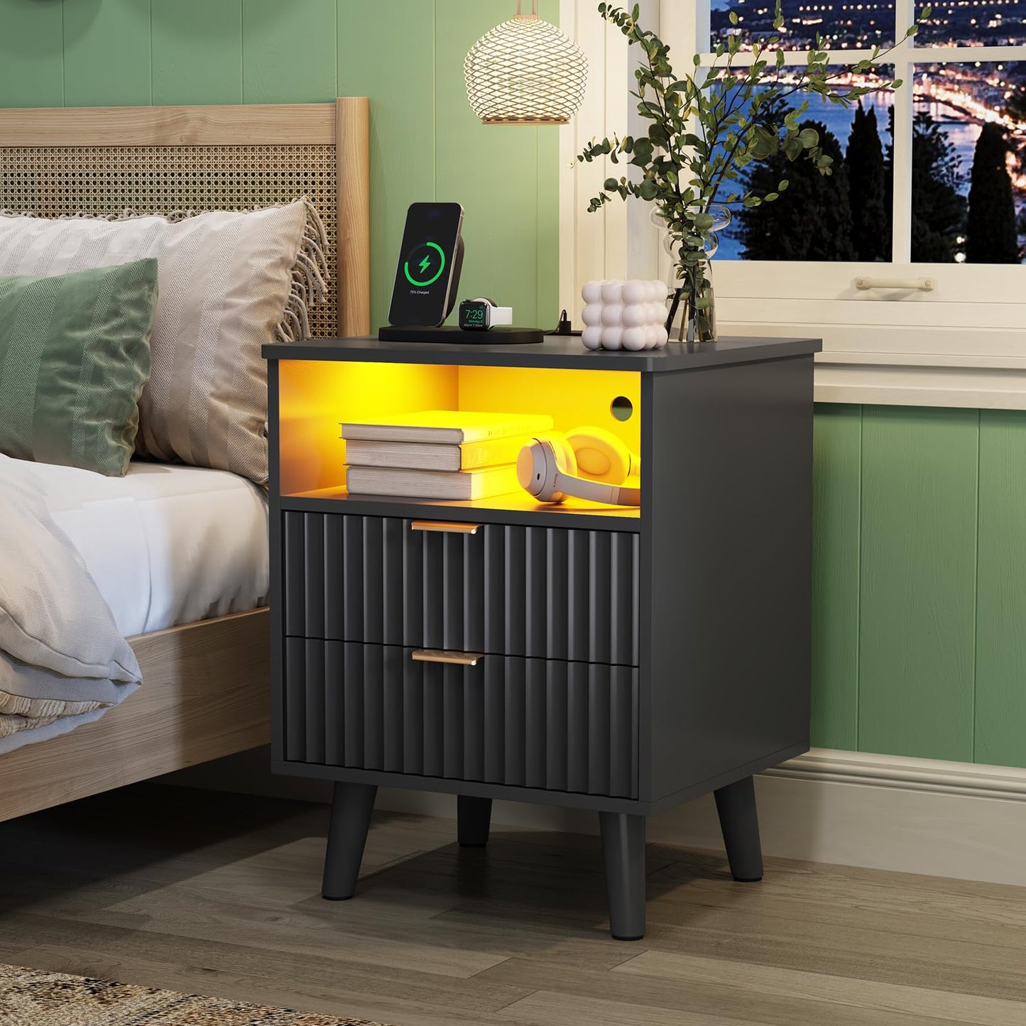 AOGLLATI Fluted Nightstand Set of 2 with Charging Station, Black LED Nightstand with 2 Drawers and Open Storage Cubby, Modern Bedside Table with LED Lights & Metal Handle for Bedroom