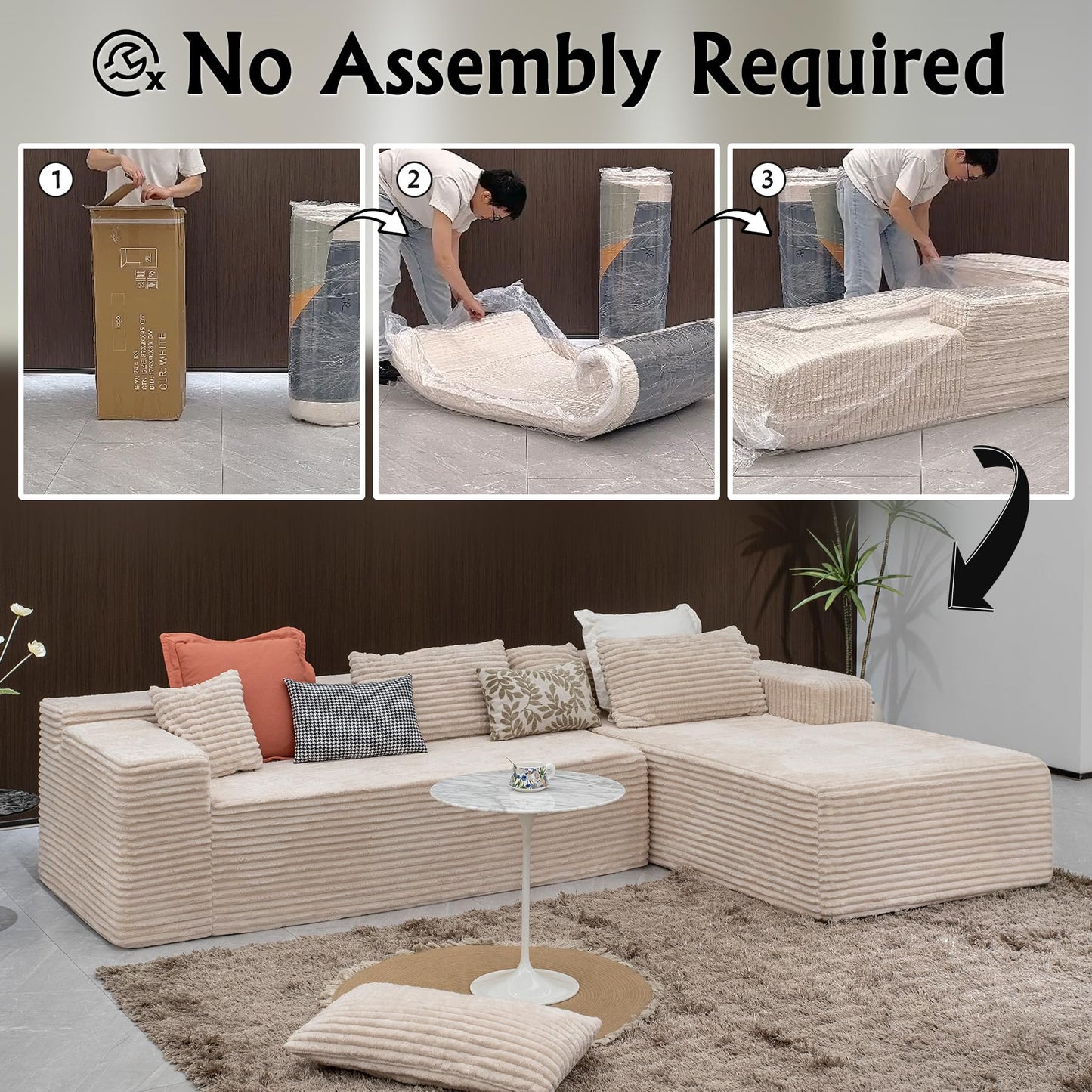 Sectional Couches for Living Room-Corduroy Couch Beige，104" Cloud Sectional Couch with L-Shape Chaise， Modern Modular Sofa, Deep Seat Comfort, No Assembly Required(Plush Corduroy Fabric)