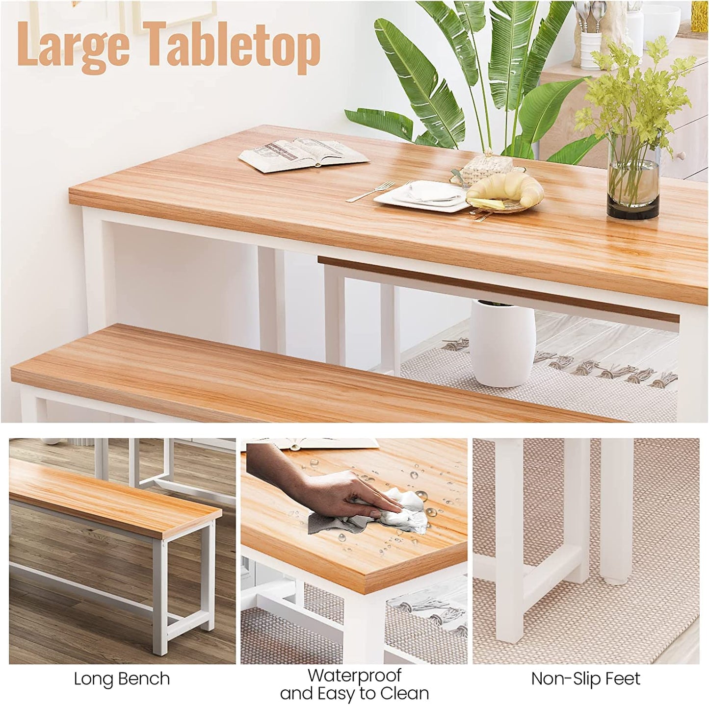 LinkRomat Dining Room Table Set with 2 Benches, Farmhouse Dining Table Set for 4, Wood Breakfast Dinner Table Set for Breakfast Nook Small Spaces, Beige