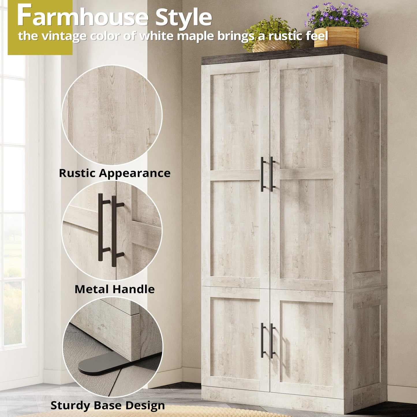 LIKIMIO Large Wardrobe Closet, Farmhouse Clothing Storage Cabinet with Hanging Rod and 2 Doors, Wooden Tall Bedroom Armoires with Storage Shelves, Rustic White