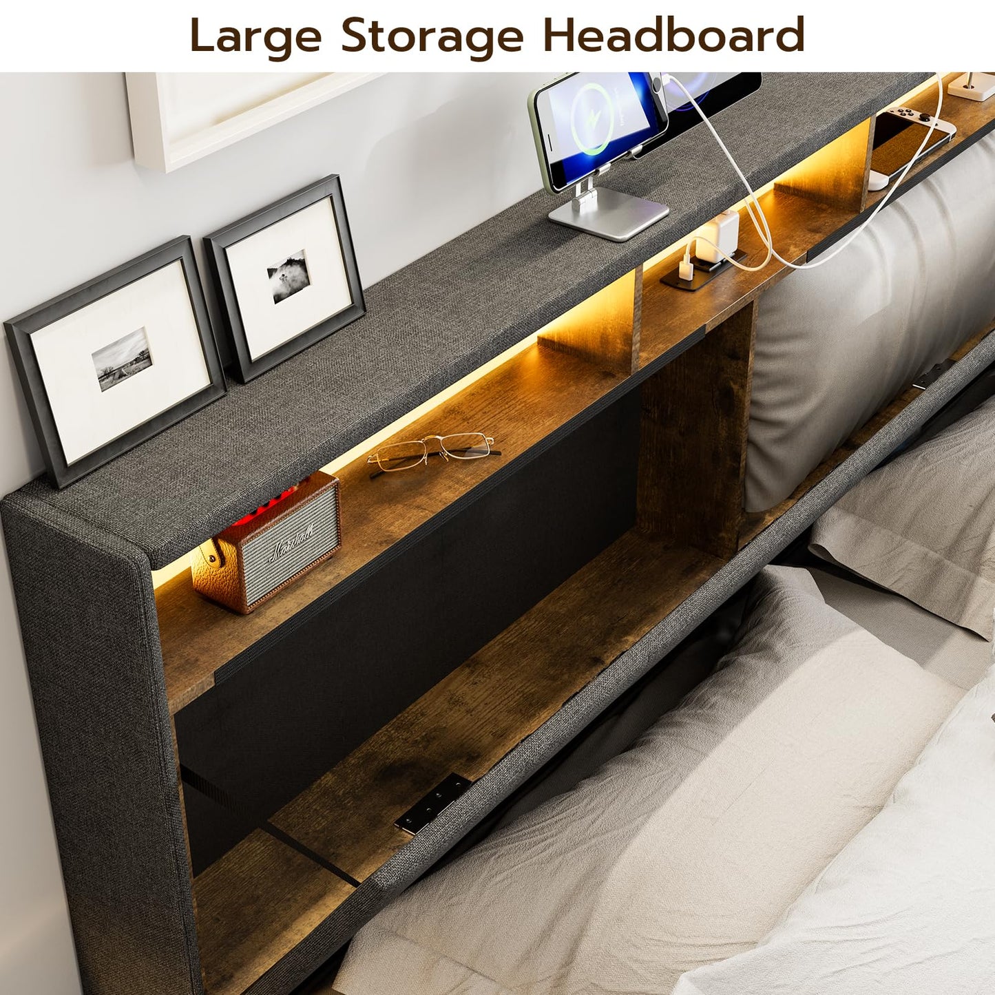 AOVSA King Bed Frame with 4 Drawers, Hidden Storage Headboard with LED Lights and Charging Station, Upholstered Tufted Platform Bed Frame King Size, Noise Free, No Box Spring Needed, Dark Grey