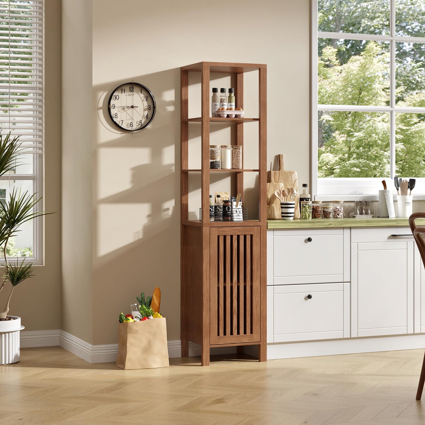 BVIUNTWO 6-Tier Tall Storage Cabinet with Shelves, 67" Brown Farmhouse Bathroom Tower with Push Door and Adjustable Shelf for Living Room, Entryway