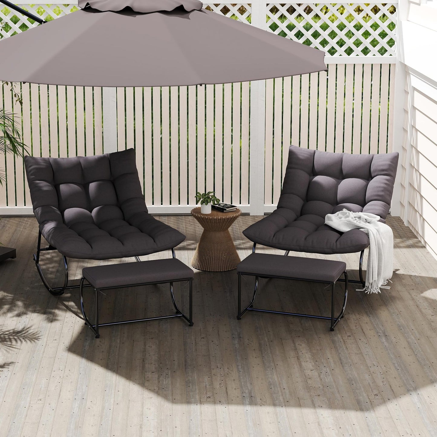 DAYARUS Upholstered Outdoor Rocking Chairs, Modern Patio Rocking Chair Set of 2 with Foot Rest, Study Metal Papasan Rocking Chair, Cozy Rockings Recliner Chair for Bedroom/Living Room/Lawn, Gray