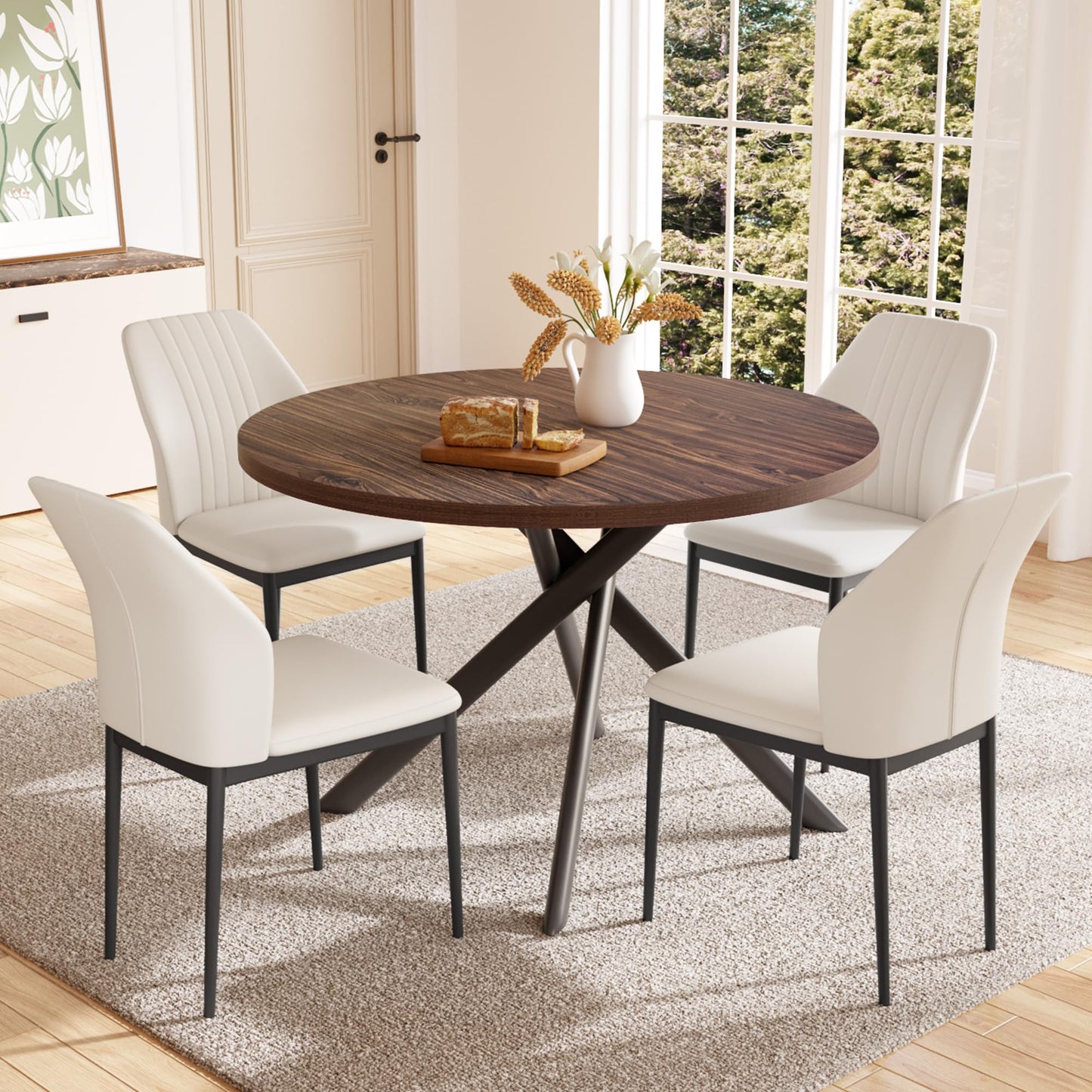 HIPIHOM 45.3'' Walnut Round Dining Table Set for 4, Mid Century Modern Small Coffee Set for Dining Room Kitchen Apartment (Walnut Table + 4 White Chairs)