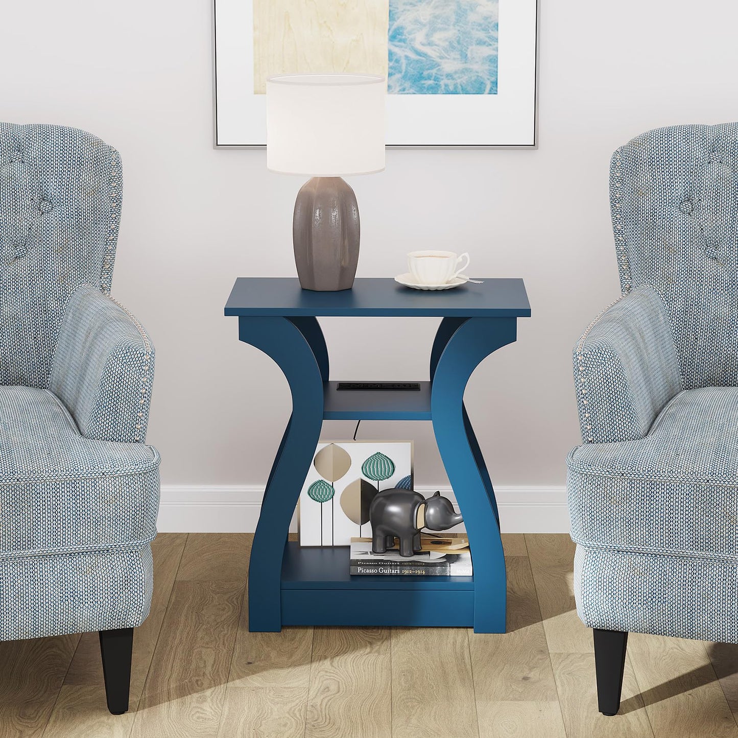 FROMJBEST End Tables Living Room Set of 2,End Table with Charging Station and USB,Navy Blue Side Table, Nightstand for Bedroom,3 Tier End Table with Storage Shelf for Living Room Navy Blue