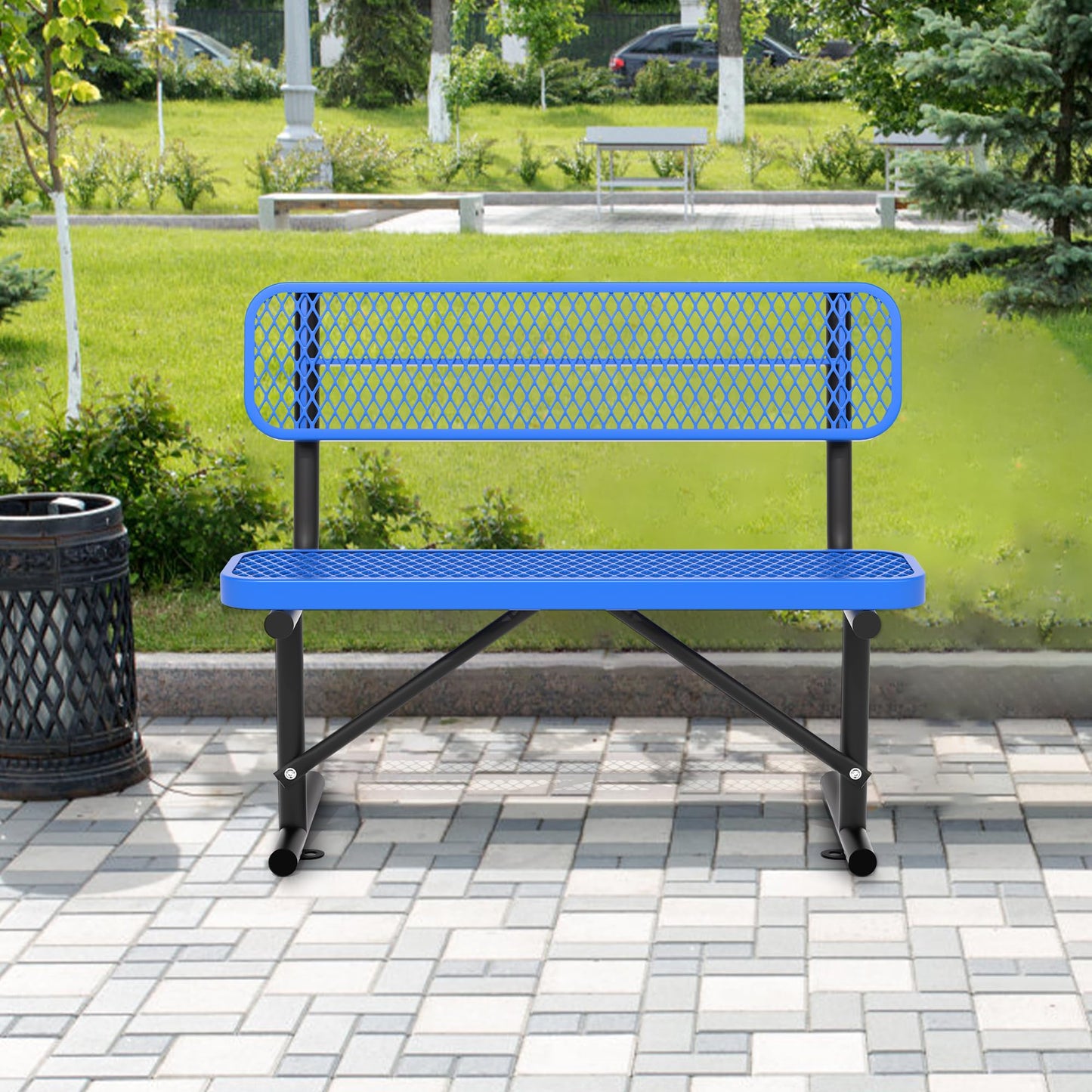 Sunnibety 4 Feet Heavy Duty Metal Park Bench for Outside, Outdoor Bench with Backrest & Portable Frame, Commercial Benches for Shopping Malls, Stores, Parks, Patios, Decks, Blue