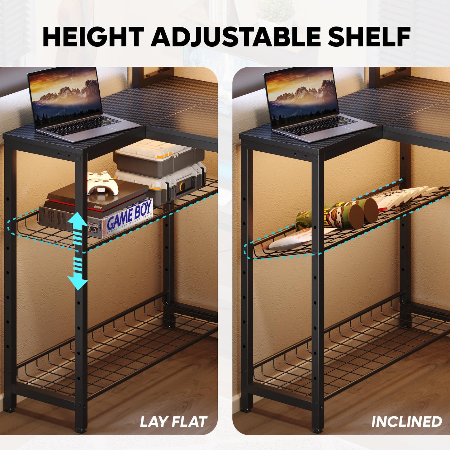 Bestier LED Gaming Desk with Power Outlets, 71 inch L Shaped Computer Desk with Monitor Stand, Large Desk with Printer Stand Adjustable Shelf, Cup Holder & Hooks, Home Office Desk Black