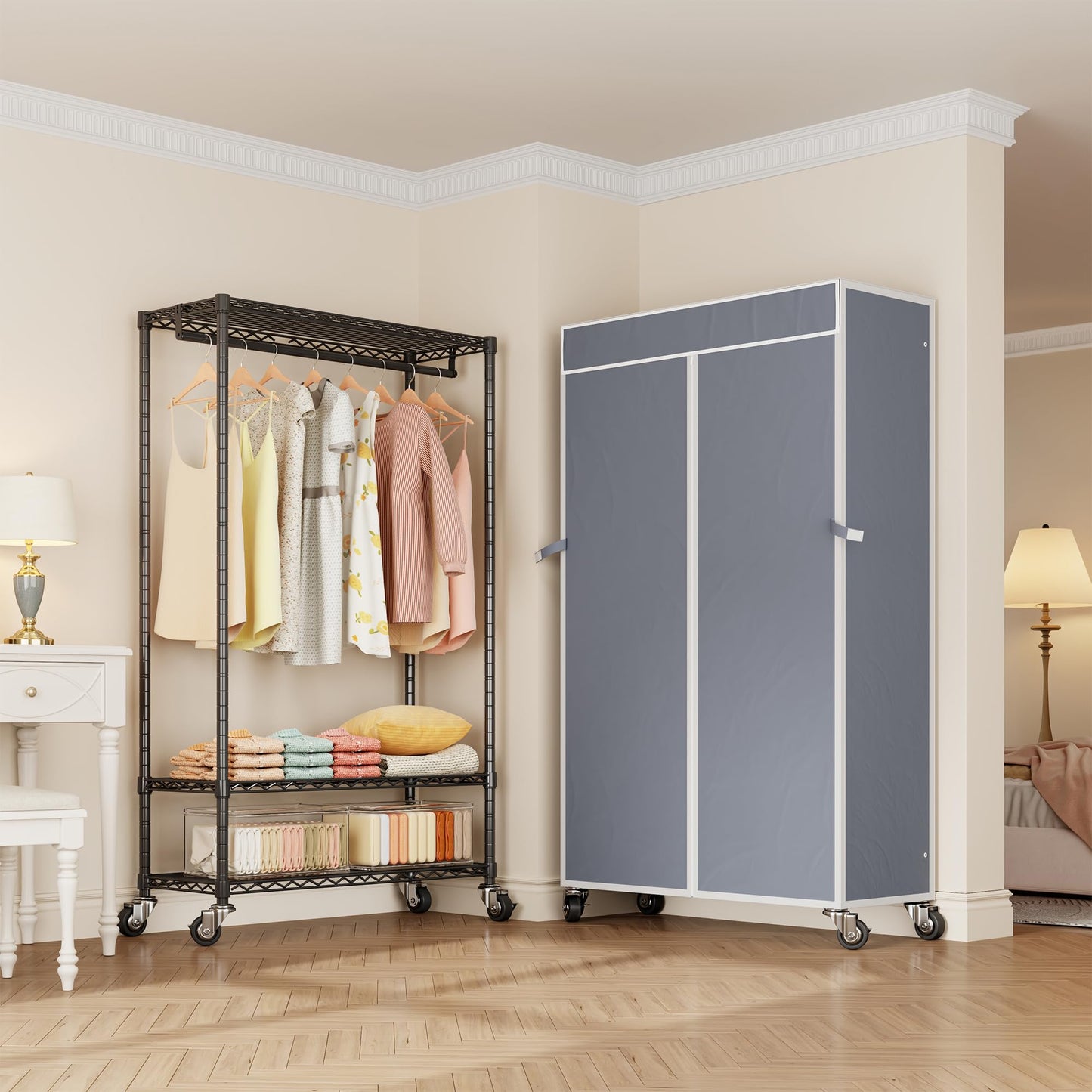 Higeego H4 Heavy Duty Clothes Rack with Cover, Rolling Garment Rack, Wardrobe with Cover and Wheels, Closet Organizer Shelf, Portable Closet Organizer and Storage, Black Clothing Rack with Grey Cover