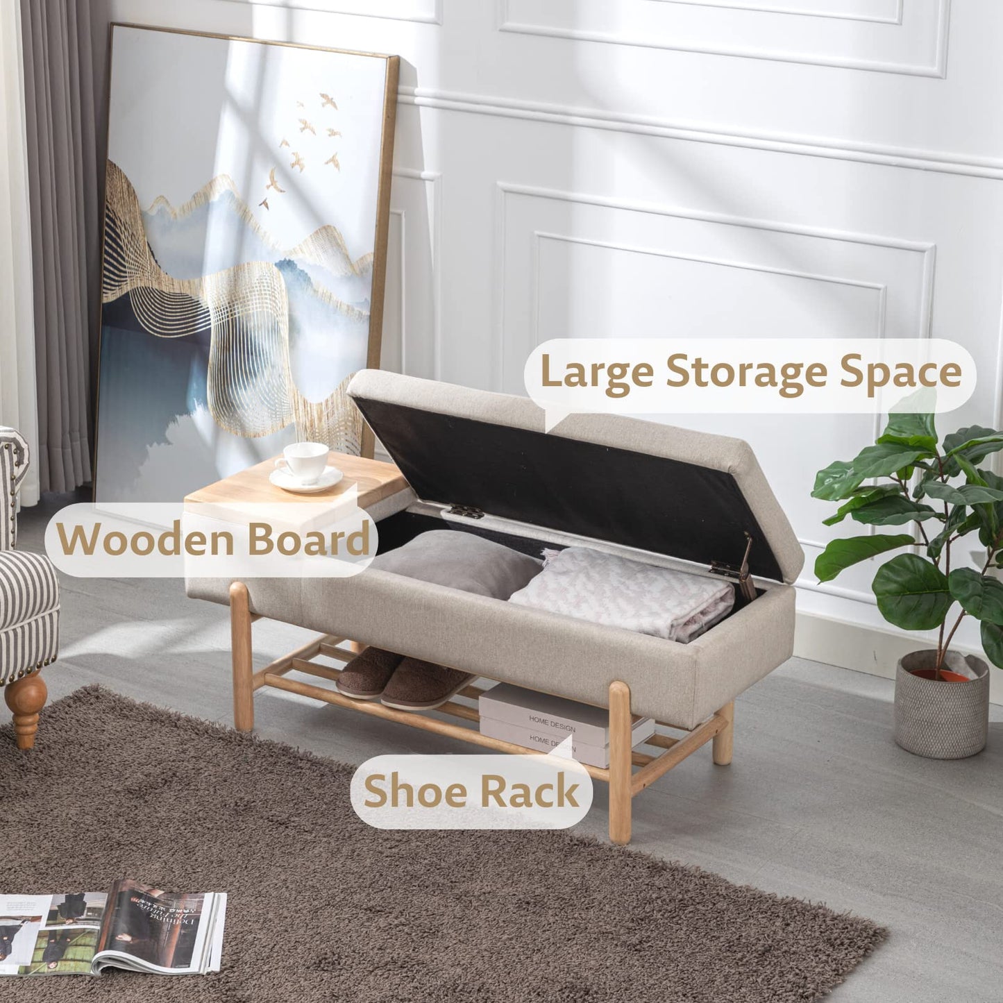 ROCITY Linen Fabric Bench for Bedroom End of Bed Beige Upholstered Storage Ottoman Bench with Cushion Seating for Living Room Entryway, Wood Legs