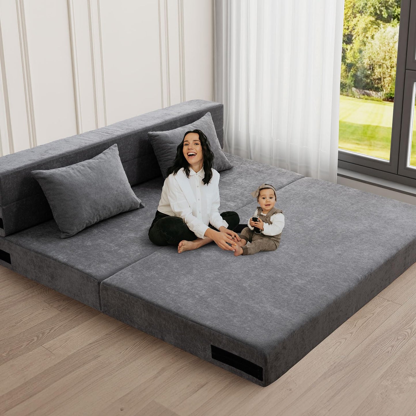 HOMFINE Folding Sofa Bed - Convertible Sleeper Chair with Pillow, Fold Out Couch, Foam Floor Mattress, Futon Couch, Lazy Sofa for Living Room/Dorm/Guest Room/Home Office, Queen, Grey
