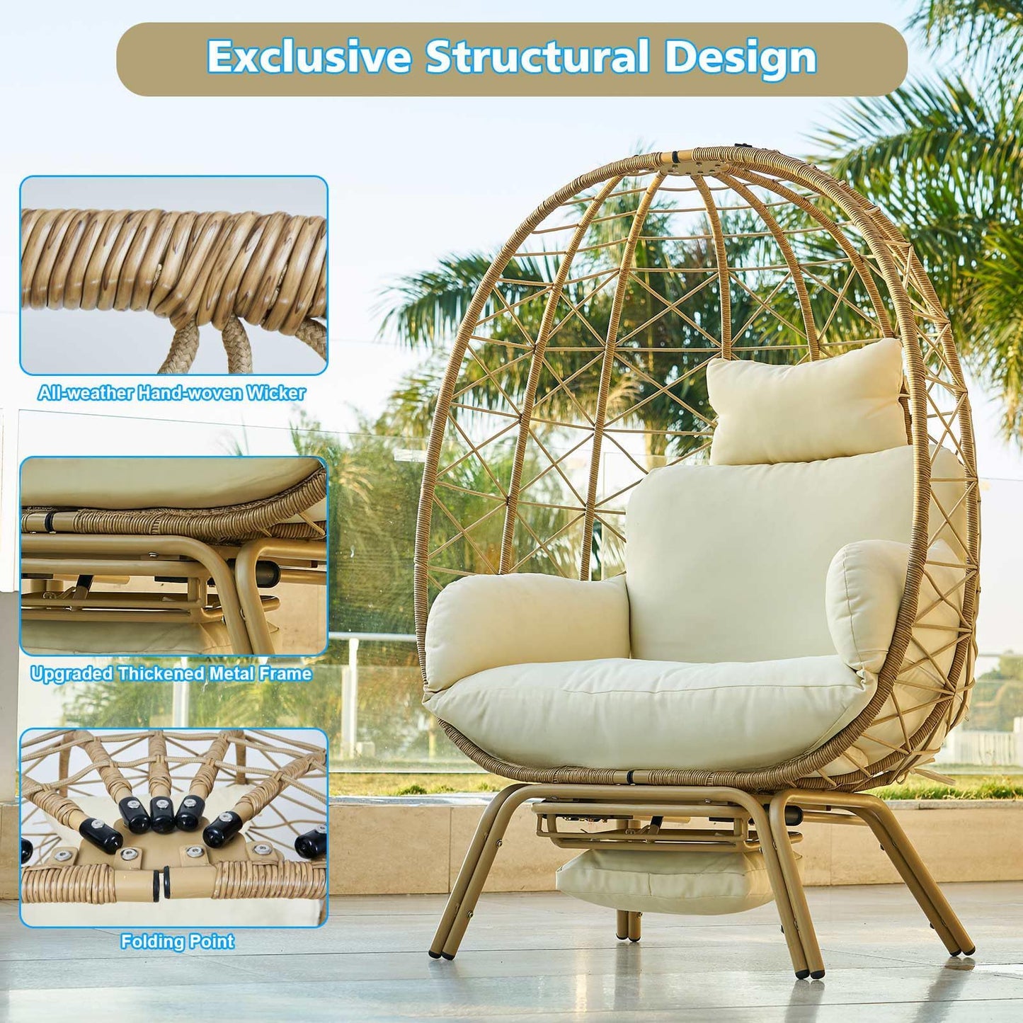 Outlux Wicker Egg Chair with Cushion & Footrest - Oversized 450lb Capacity Boho Hanging Chair for Indoor/Outdoor - Beige Rattan Lounge Seat for Patio, Balcony, Garden, Home