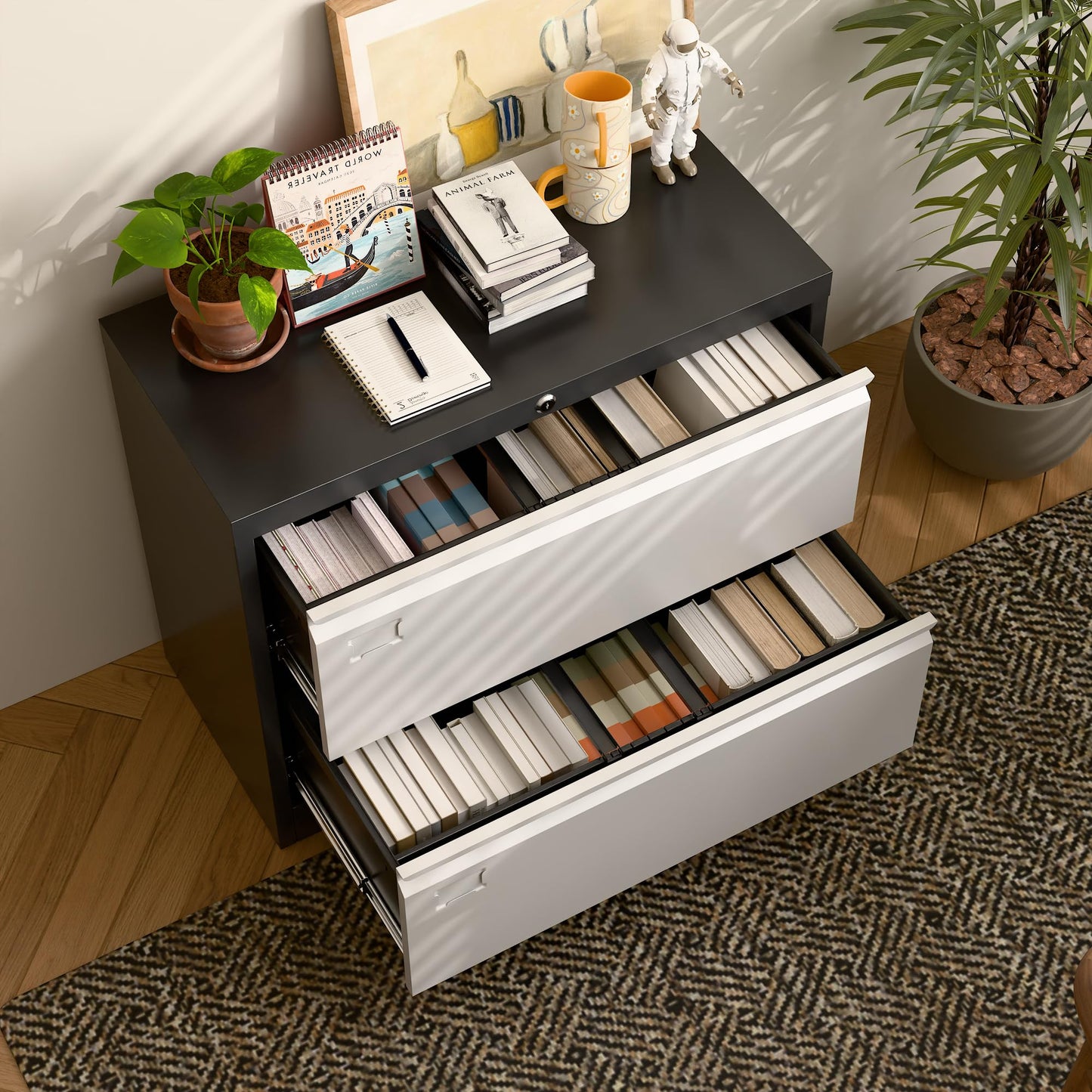 Aobabo Metal 2 Drawer Lateral File Cabinet with Lock, Large Deep Drawer with Adjustable File Bars for Office,Home, 34.5 Inches Wide for Letter/Legal Size, Black Grey, Assembly Required