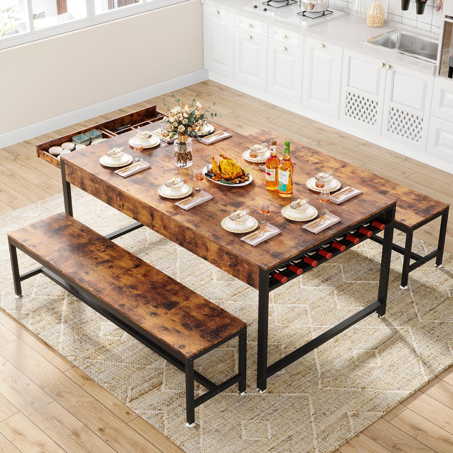 Loomie 63" Dining Table Set for 4-6, 3-Piece Kitchen Table with 2 Utensil Drawers, 2 Benches & Wine Rack, Modern Space Saving & Heavy Duty Dinner Table Set with Metal Frame & MDF Board,Rustic Brown