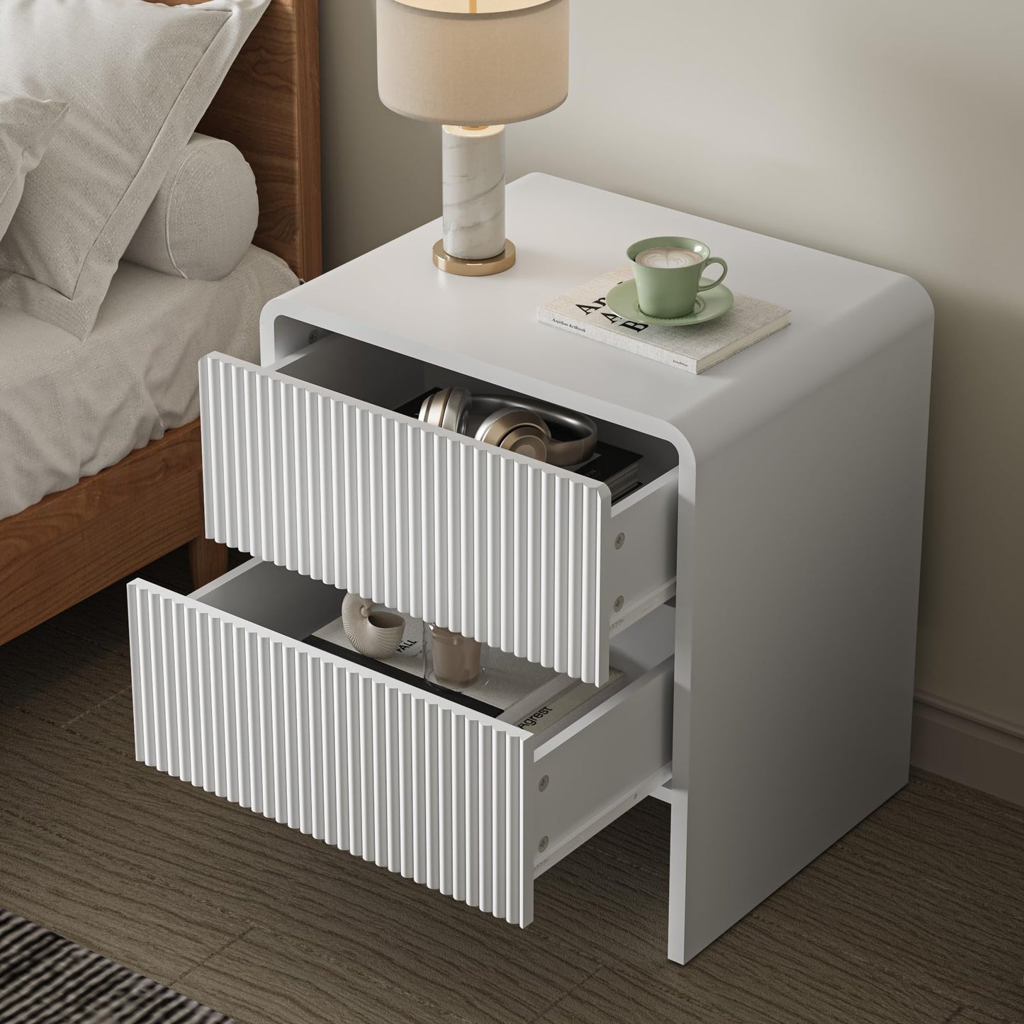 MAISONARIA 3-Piece Curved Dresser Bedroom Set, 6 Drawer Dresser & 2 Drawer Nightstands with Pop-up Design, Fluted Wood Chest of Drawers for Bedroom, Living Room, Entryway, White