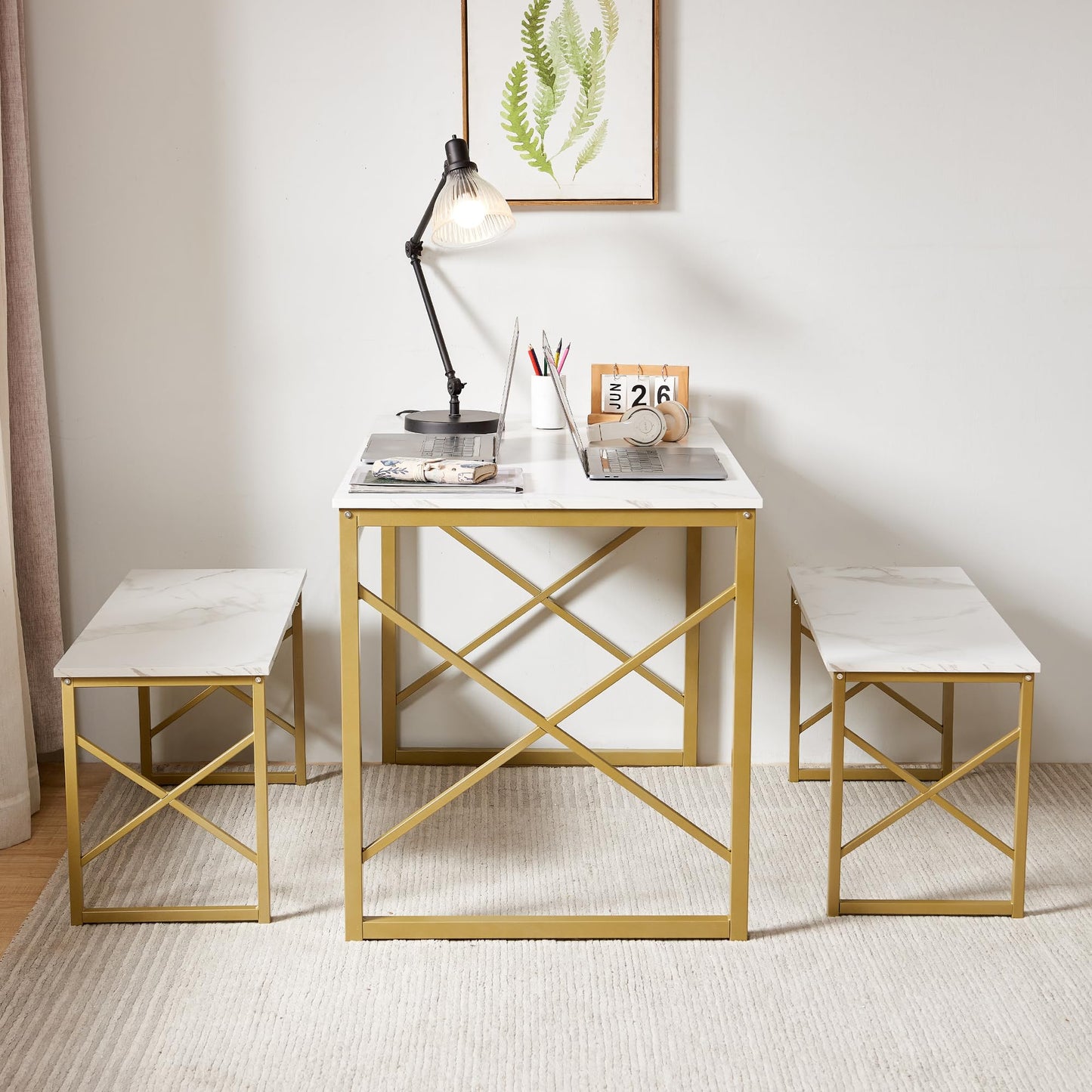 VECELO Kitchen Table with 2 Benches for 4, Wood Dining Room Dinette Sets with Metal Frame for Breakfast Nook and Small Space