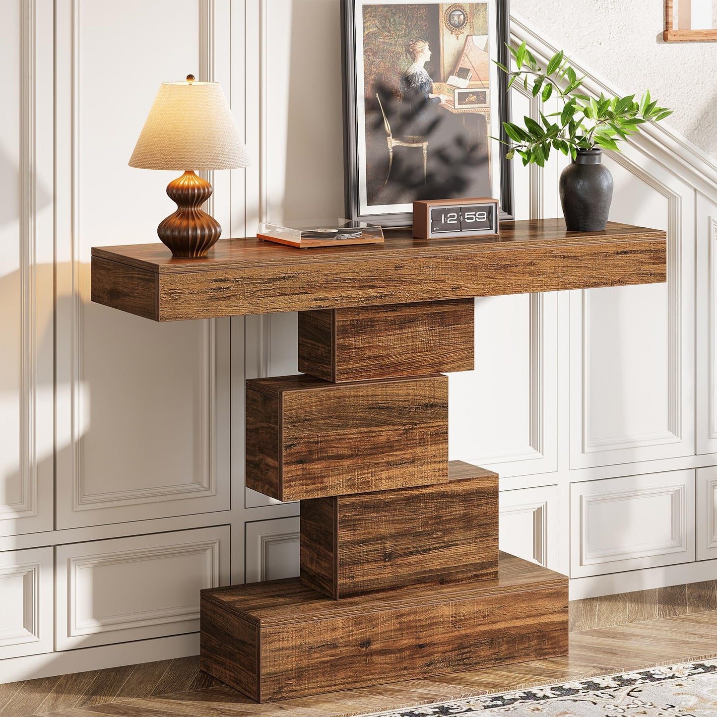 Tribesigns 42.5" Farmhouse Console Table, Narrow Wood Sofa Table Behind Couch with Geometric Base, Industrial Entryway Accent Table for Living Room, Hallway, Entrance (Rustic Brown)