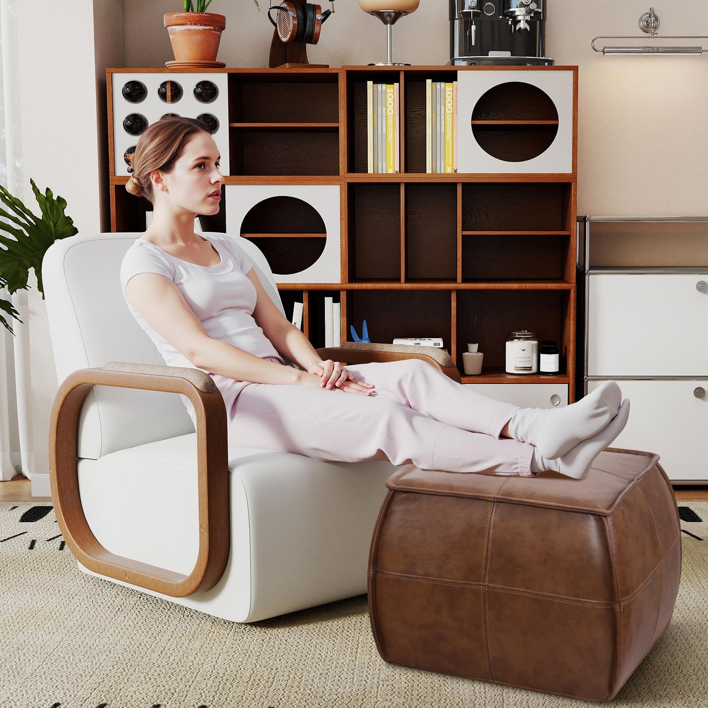 Couchus Genuine Leather Square Pouf Ottoman Footstool for Living Room, Bedroom, Indoor (Brown)