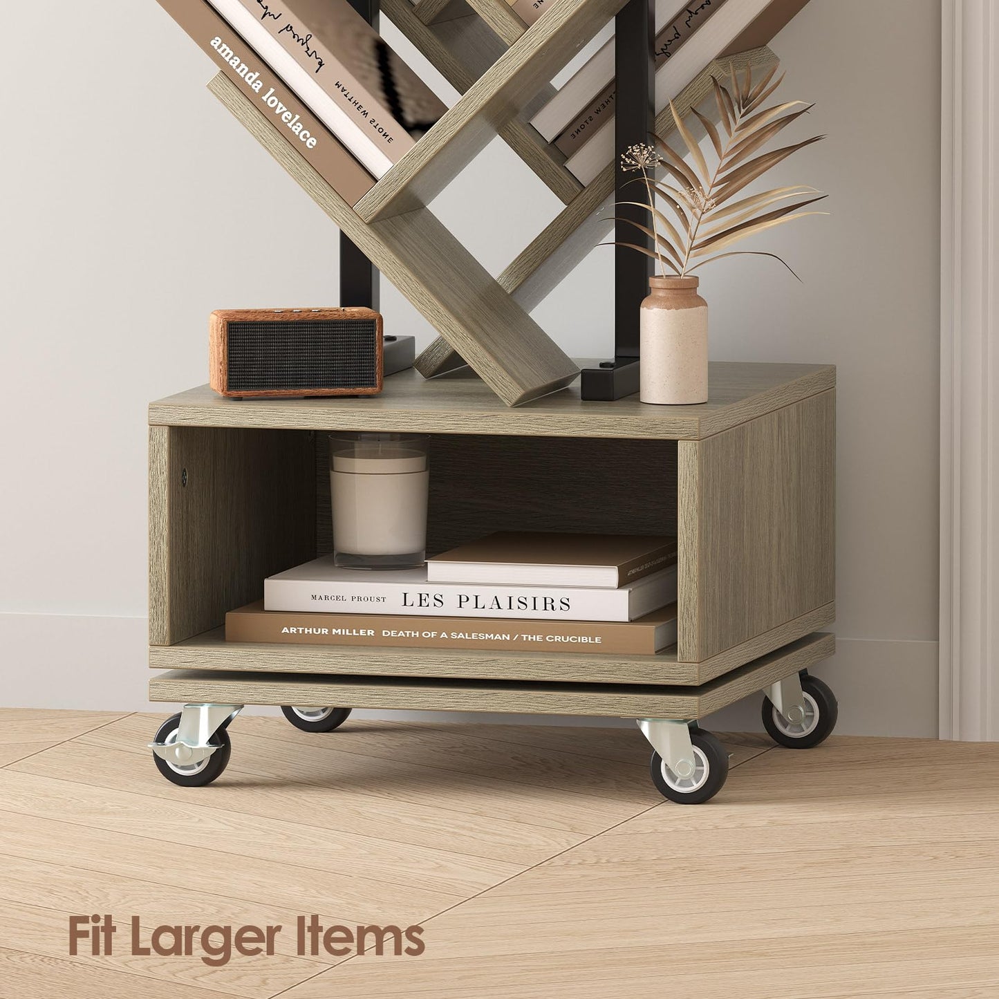 iabifo Double Sided Rotating Tree Bookshelf - 7-Tier Retro Floor Standing Bookcase, Wood Storage for Books, CDs, Movies, Perfect for Small Spaces in Bedroom, Living Room, Home Office, Grey