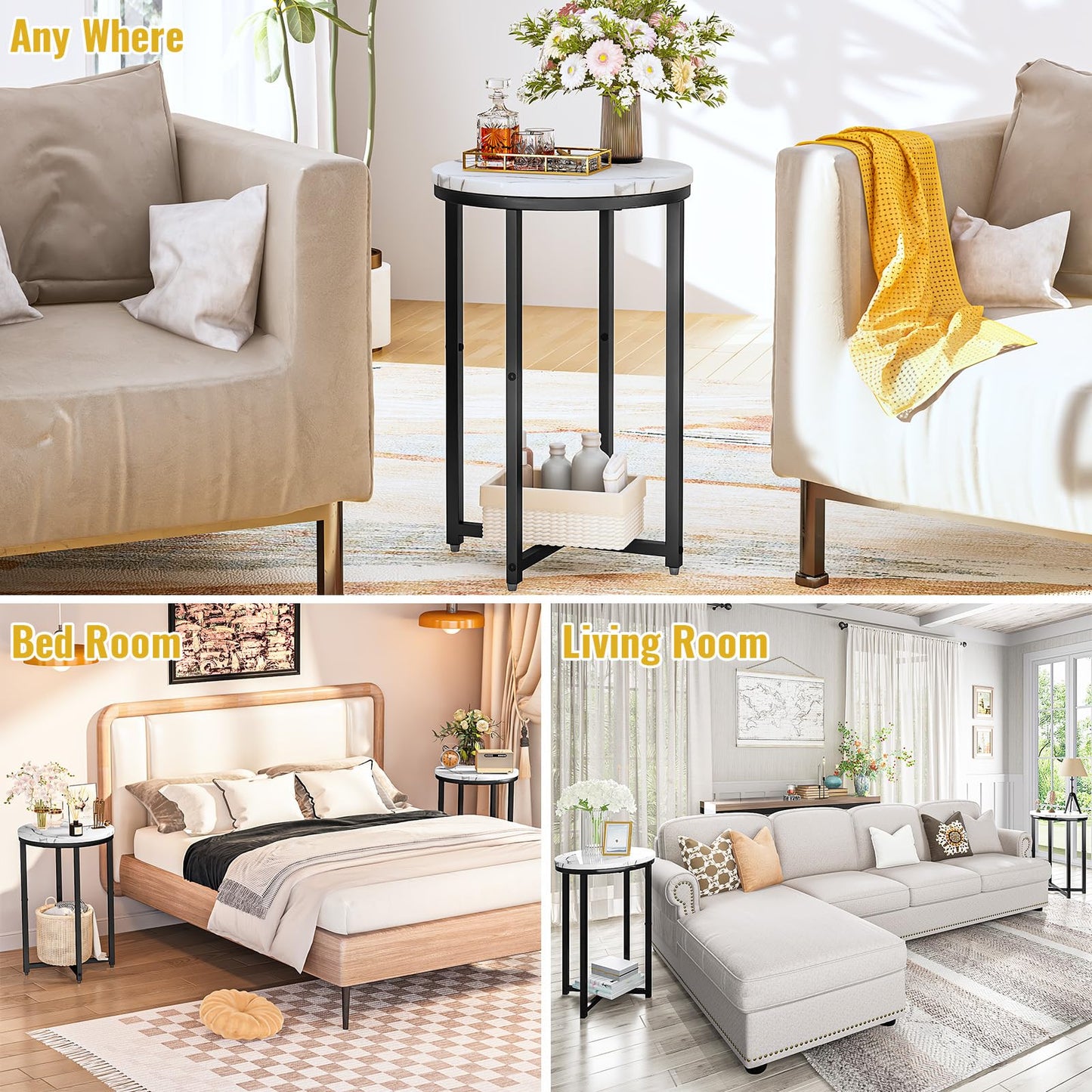 DKLGG Modern Black Side Table Set of 2, Small Coffee Table Round End Table with Black Frame, Faux Marble Bedside Table for Living Room, Bedroom, Small Space, 16" D*24" H