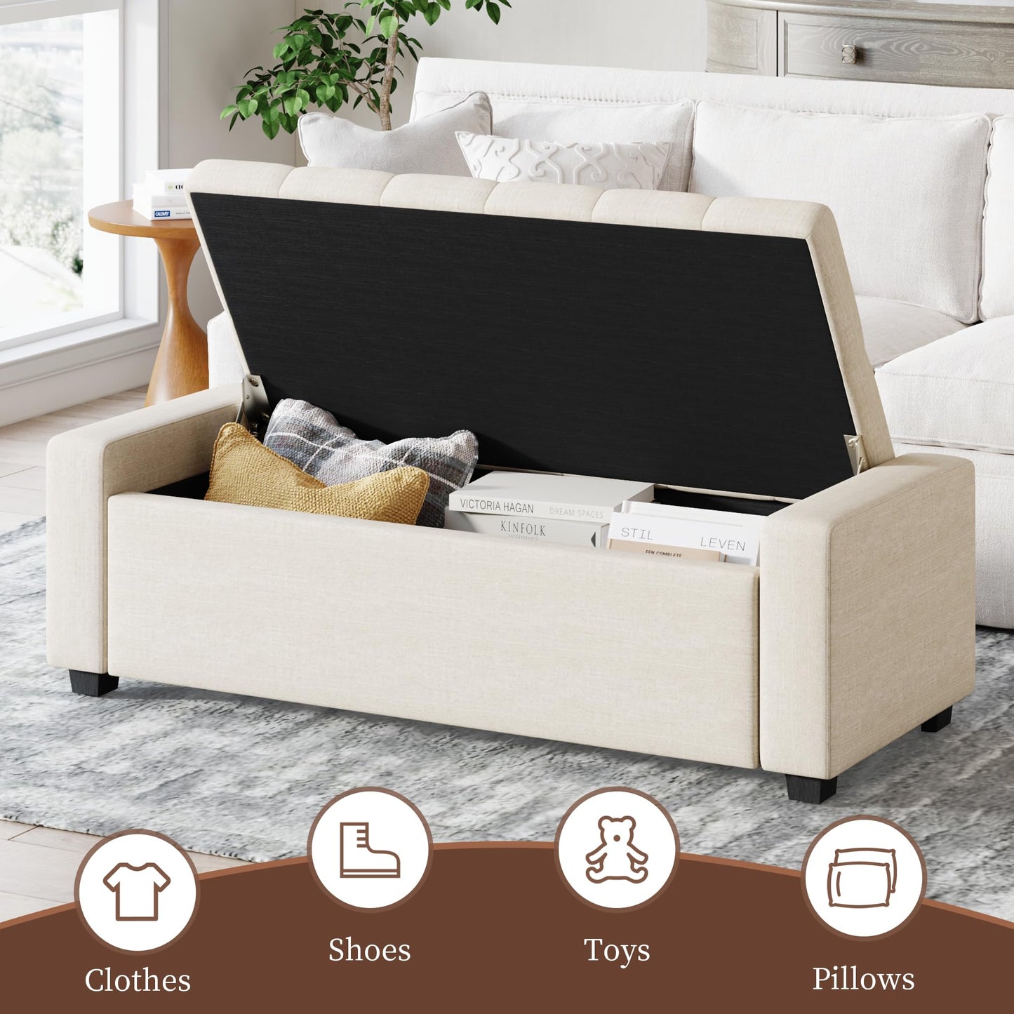 Atrtivoent 47" Ottoman Bench, Living Room Storage Bench with Removable Tray, Upholstered Tufted Window Benches, Ottoman Bench Seat with Storage for Bedroom, Entryway (Beige1, with Tray)