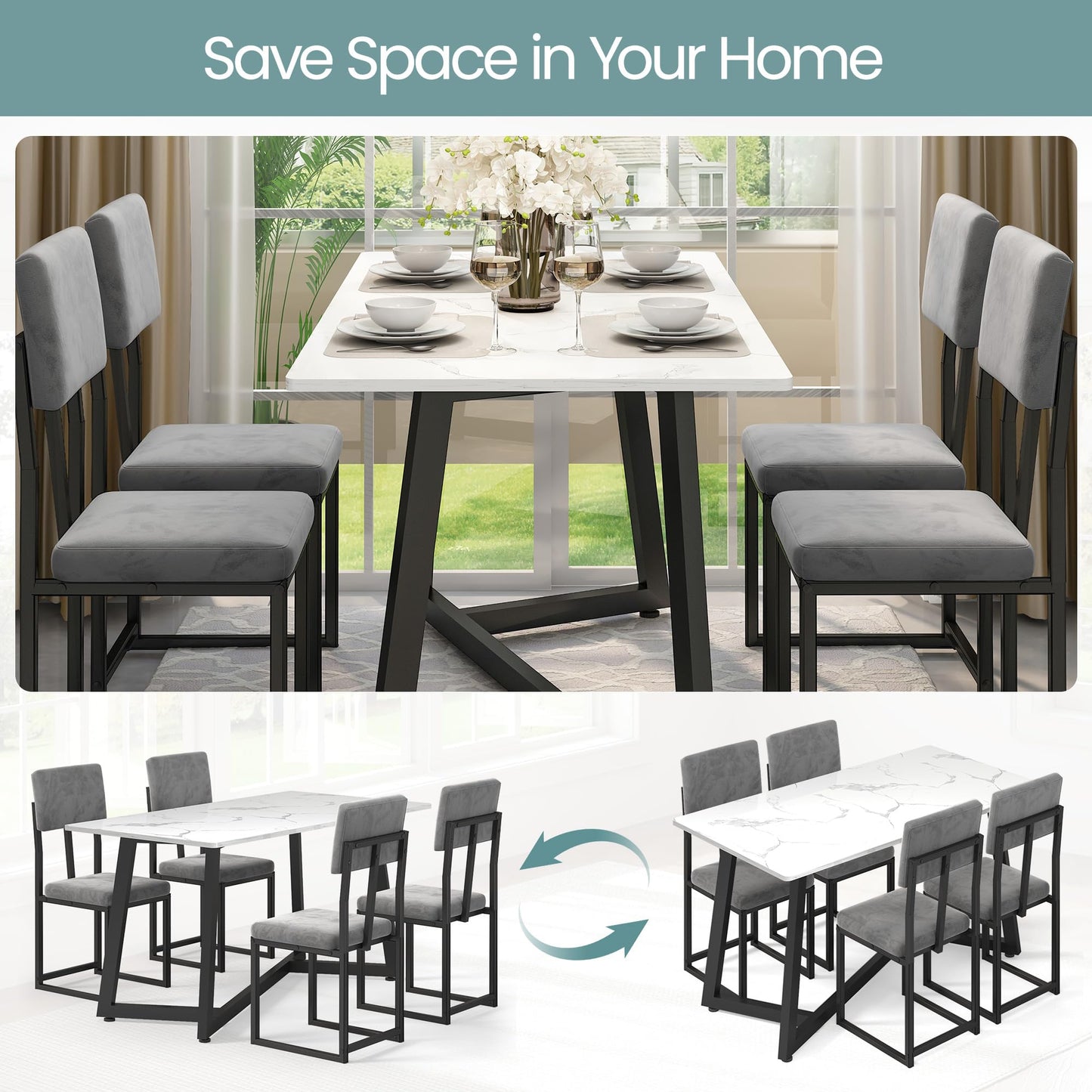 HUGROVE 5-Piece Dining Set, 47.24-Inch Faux Marble Dining Table Set for 4, Modern Minimalist Kitchen & Dining Room Set with Velvet Upholstered Chairs for Small Spaces, Apartments (Charcoal)