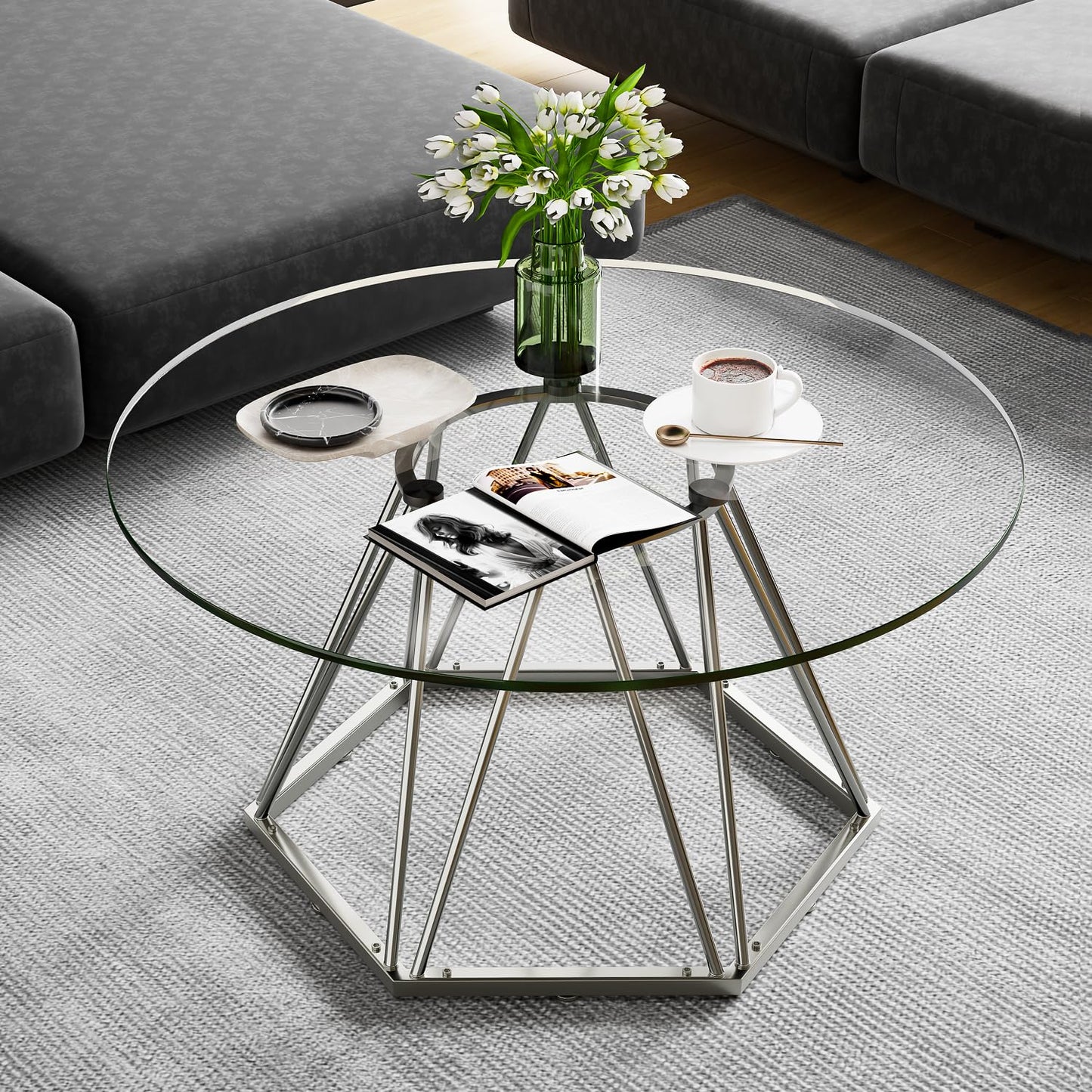 LVB 31.5” Round Glass Coffee Table, Modern Living Room Table with Hexagonal Silver Metal Frame, Small Contemporary Center Table for Bedroom, Office，31.5Inch