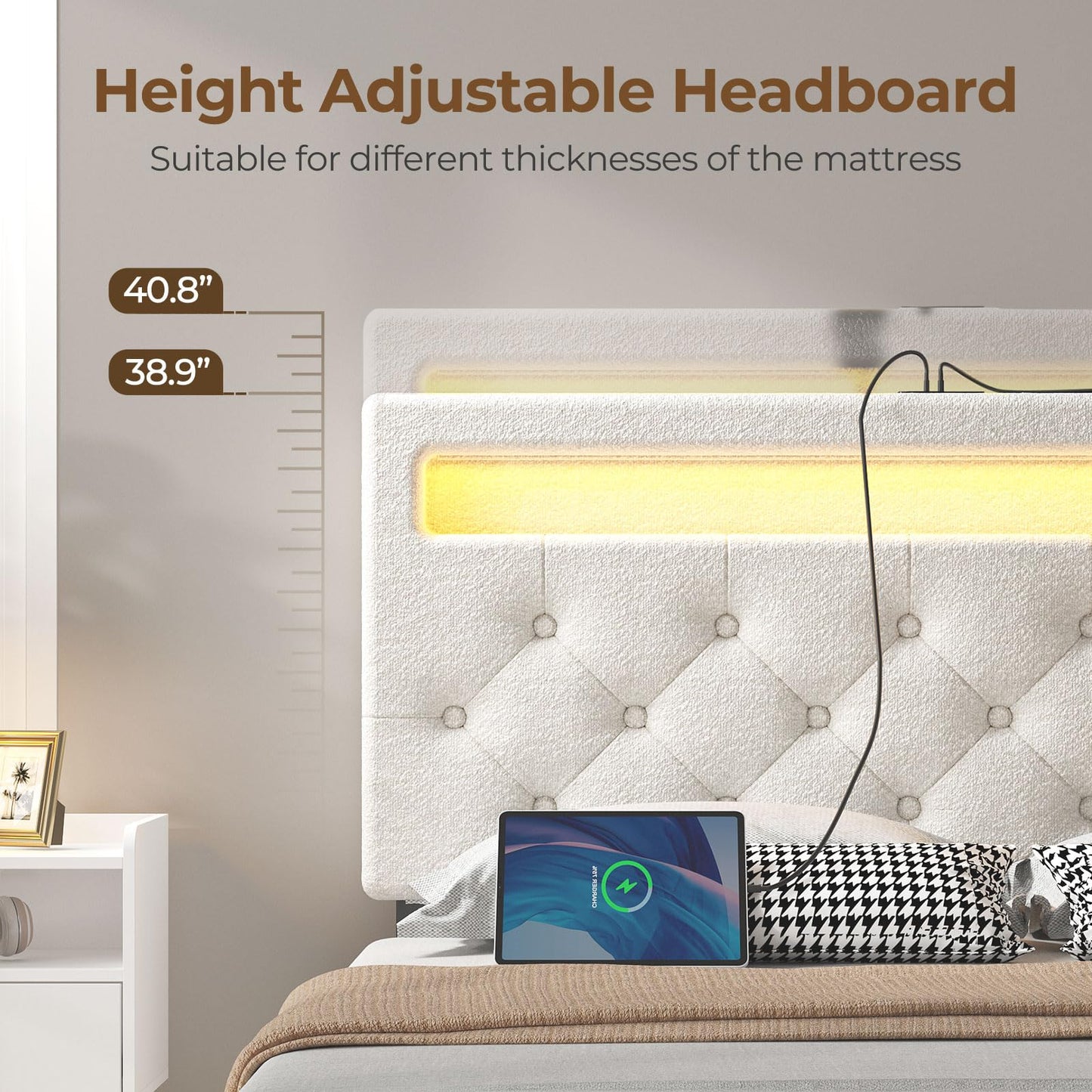 Rolanstar Full Size Bed Frame with Charging Station and LED Lights, Upholstered Bed with Adjustable Headboard and 4 Storage Drawers, No Box Spring Needed, Easy Assembly, White