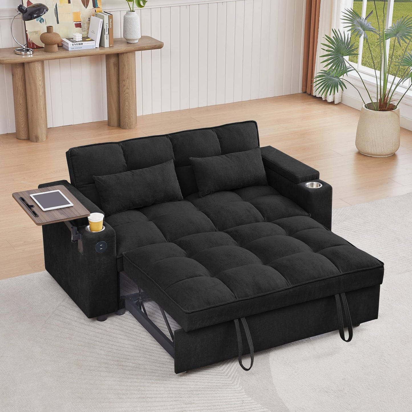 hansones 65'' 3-in-1 Folding Convertible Sofa Bed, Pullout Sofa, Modern Chenille Fabric, 360° Swivel Side Table, Easy Assembly, Perfect for Living Room, Black