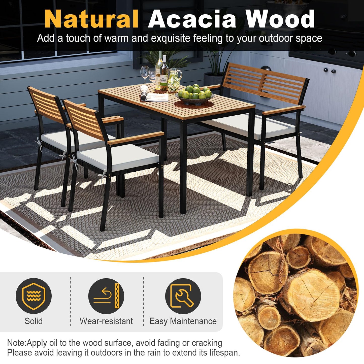Tangkula 4-Piece Patio Furniture Set, Outdoor Dining Chair Set for 4 w/Acacia Wood & Metal Frame, Umbrella Hole, 1 Table, 2 Armchairs, 1 Bench for Lawn, Garden, Backyard, Porch (Off White)