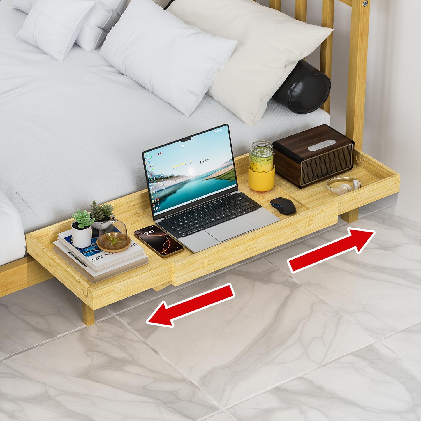 MinBoo Bedside Shelf Expandable Bamboo College Caddy for Top Bunk Clip Nightstand Shelf Floating Bed Side Table Tray Storage Dorm Room Decor High Capacity