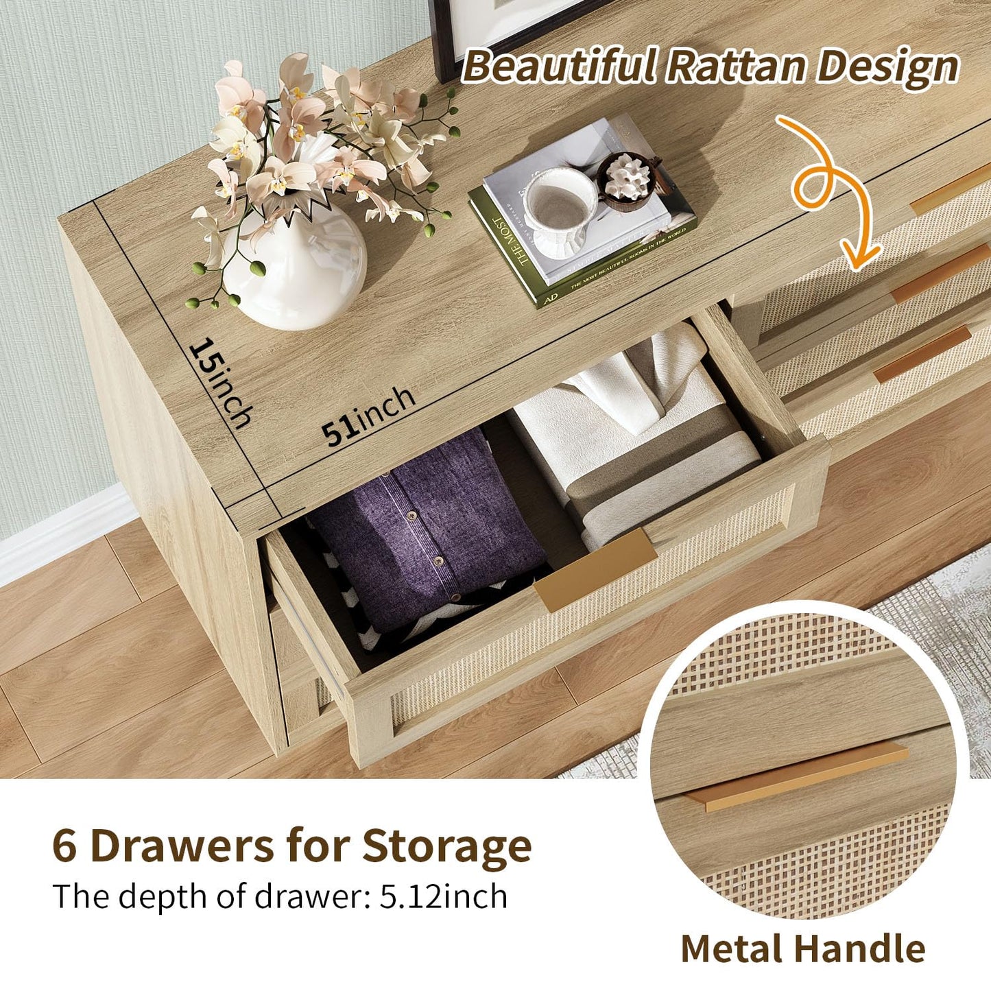 51" Rattan Dresser for Bedroom, 6 Drawer Wide Dresser, Boho&Farmhouse Chest of Drawers, Clothes Storage Cabinet, Metal Handle&Wood Legs for Hallway, Living Room, Bedroom, Wood