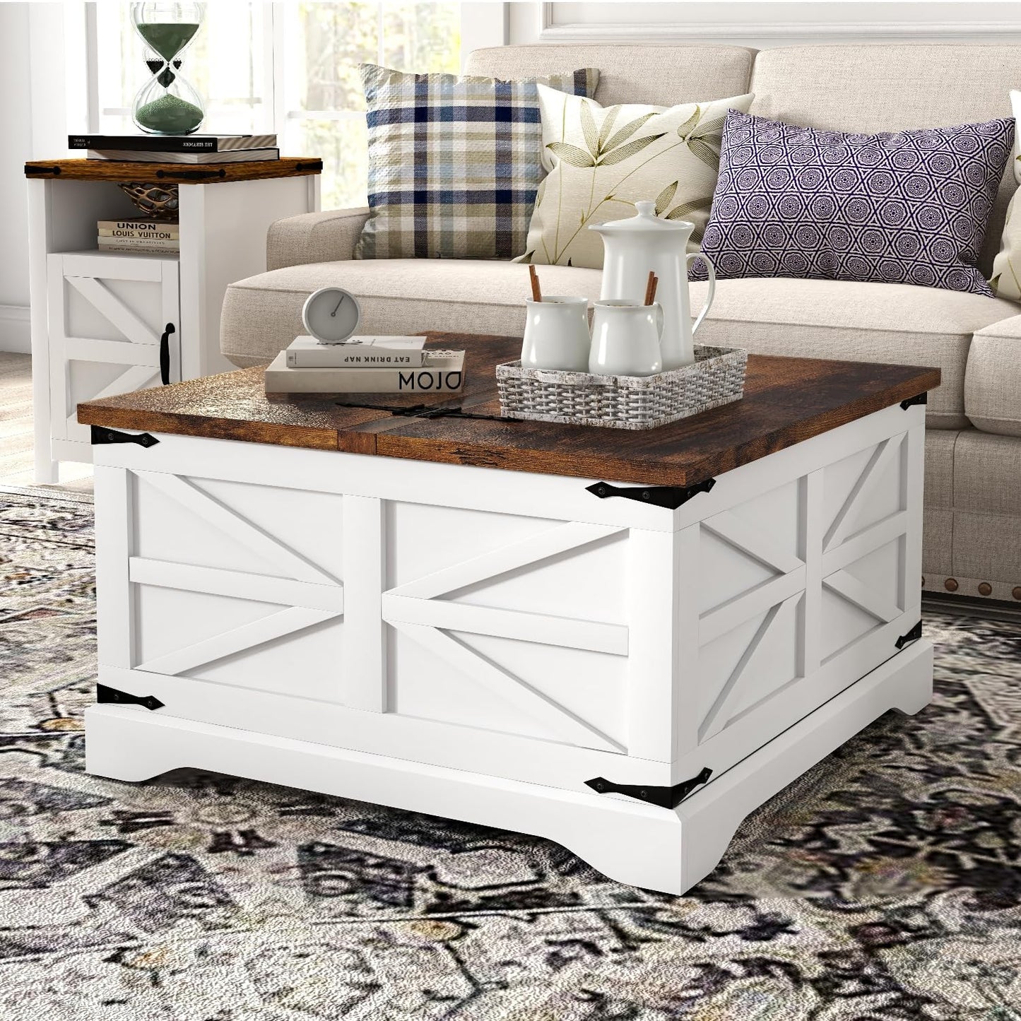 oneinmil Farmhouse Coffee Table with Storage Organizer, Square Coffee Tables with Large Storage Space, Center Table for Living Room, Bedroom, Home Office, White