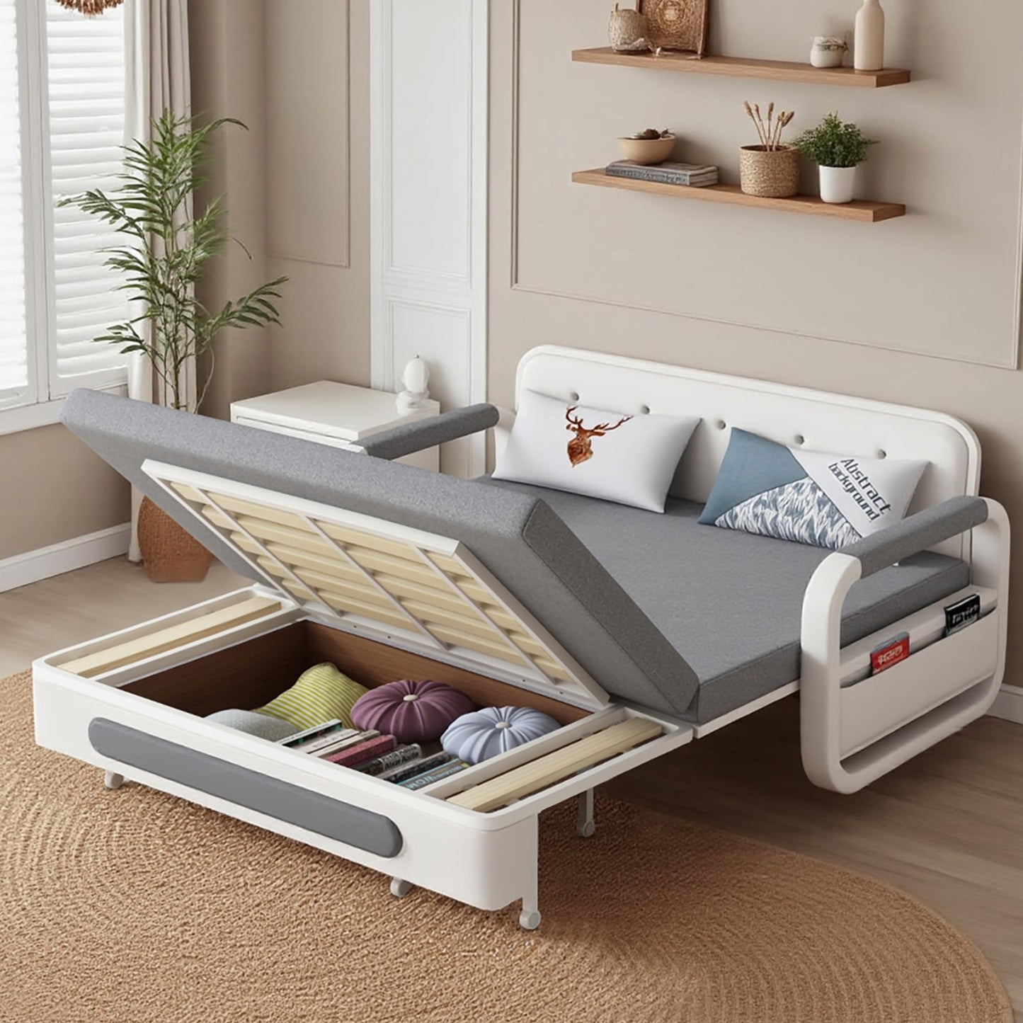 gaoyangjiaju Pull-Out Sofa Daybed with Trundle, Versatile Futon Couch with Sleeping Function and Storage Space, Sofa Bed for Small Rooms and Living Rooms, Dark Grey and White (50.3")