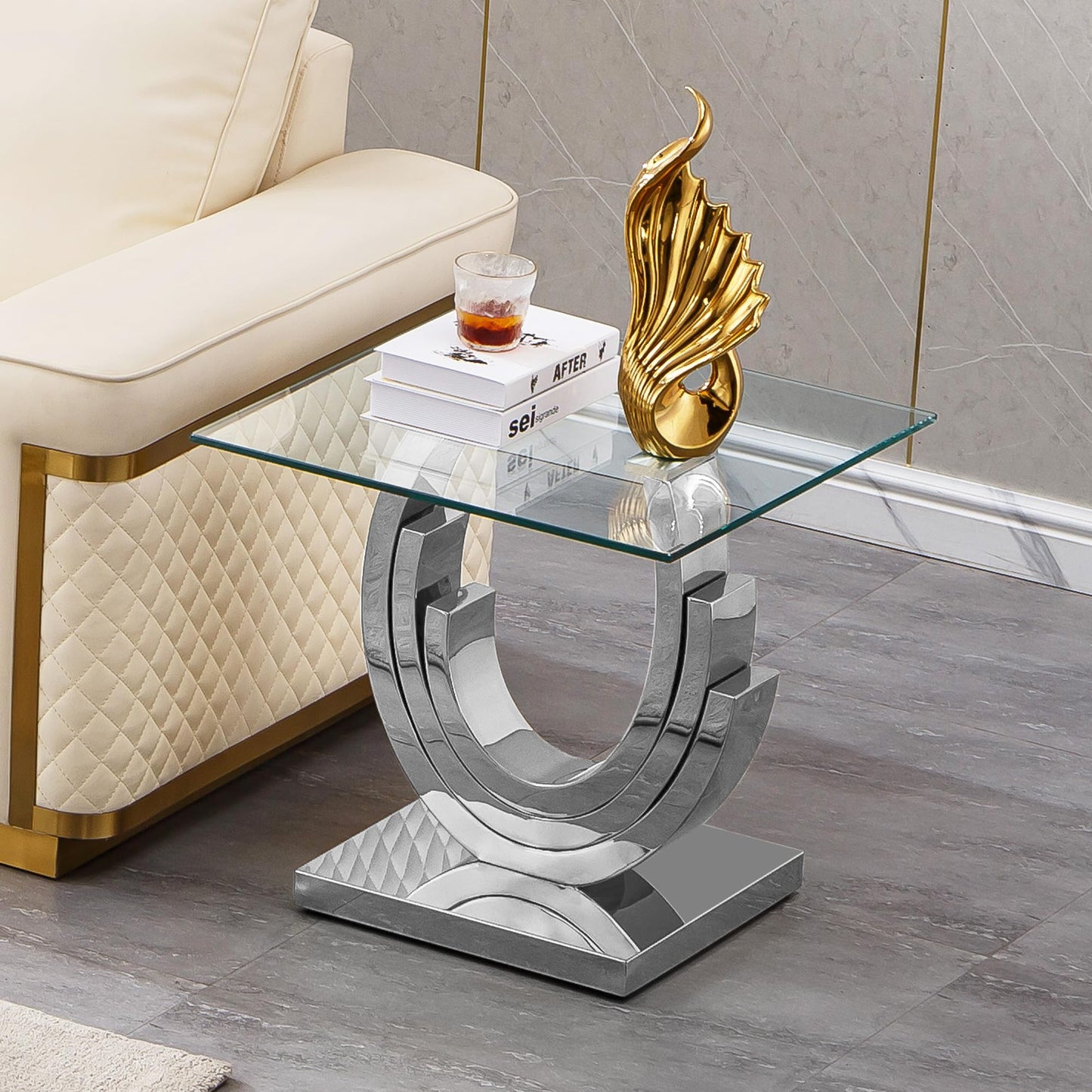 SSLine 1 Piece Living Room End Table Luxury Glass Side Table, Modern Silver End Table with Ring-Shape Stainless Steel Pedestal Base for Living Room Bedroom Office(1 End Table)
