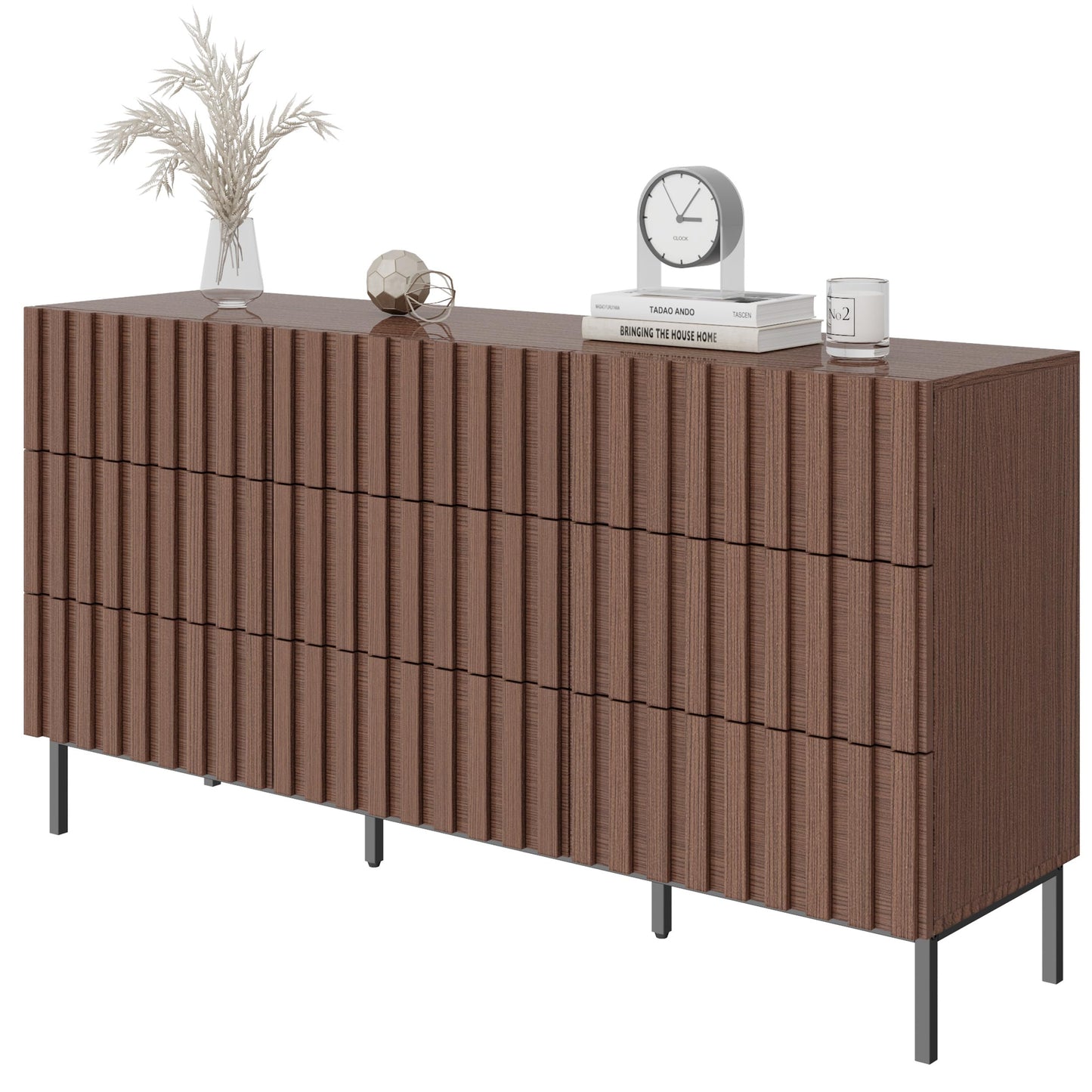 UEV 59" Fluted Dresser with 9 Drawers for Bedroom, Mid Century Style Fluted Dresser, Long Chest of Drawers TV Stand for Bedroom, Hallway (Walnut)