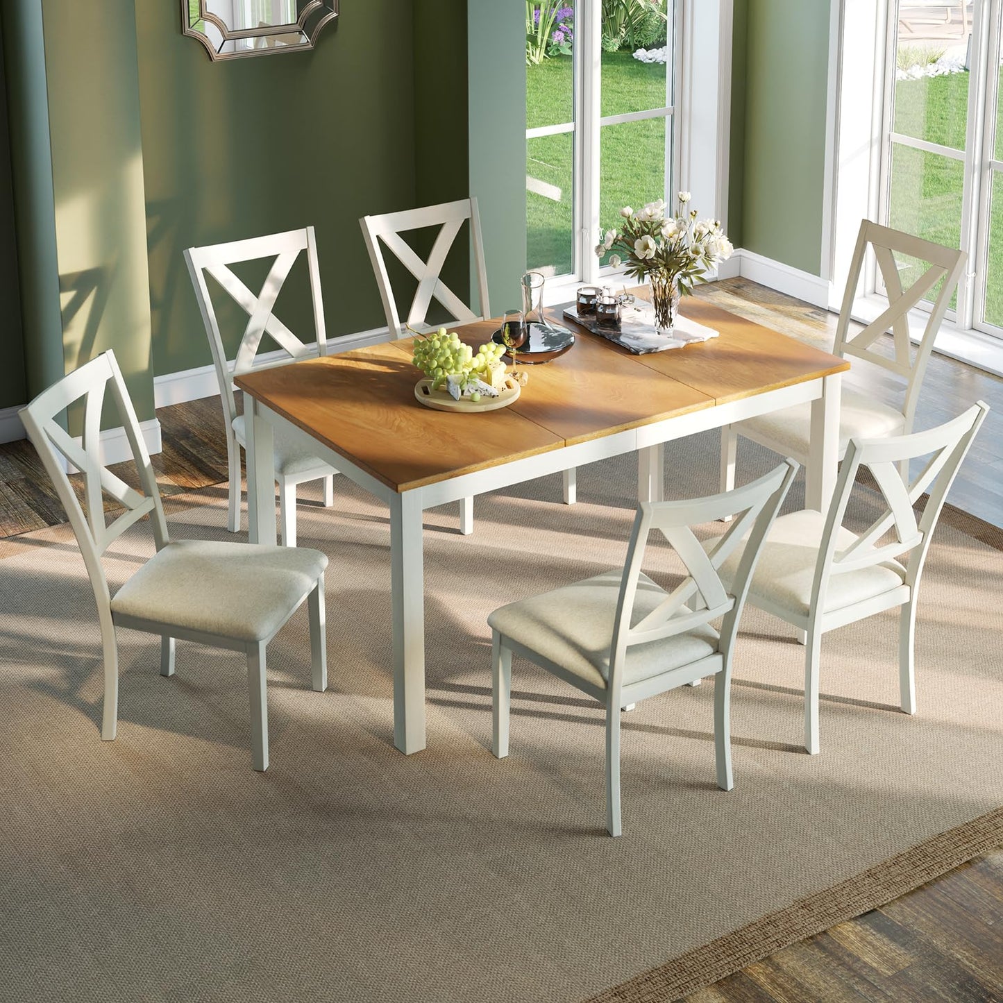 AMERLIFE 7-Piece Farmhouse Solid Wood Dining Table Set with 6 Upholstered Chairs, 60" Space Saving Dinner Table & Chairs Set, for Dining Room, Kitchen, Restaurant, Brown & White