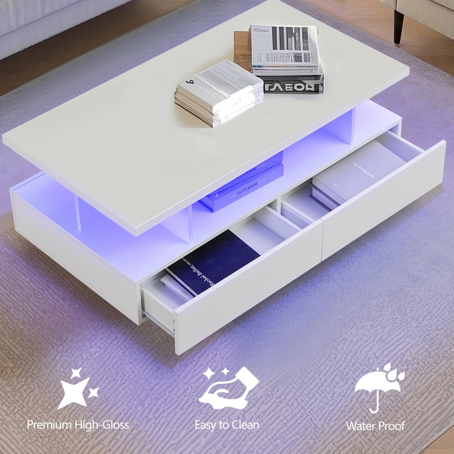 UYIHOME LED Coffee Table with Storage Modern High Gloss Coffee Table with 4 Drawers and Open Shelf Center Table for Living Room, White