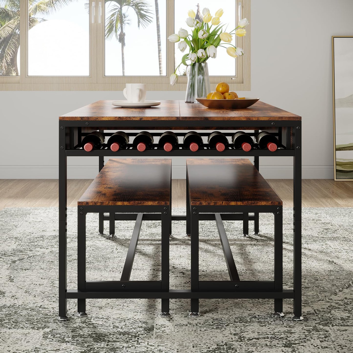 Loomie 63" Dining Table Set for 4-6, 3-Piece Kitchen Table with 2 Utensil Drawers, 2 Benches & Wine Rack, Modern Space Saving & Heavy Duty Dinner Table Set with Metal Frame & MDF Board,Rustic Brown