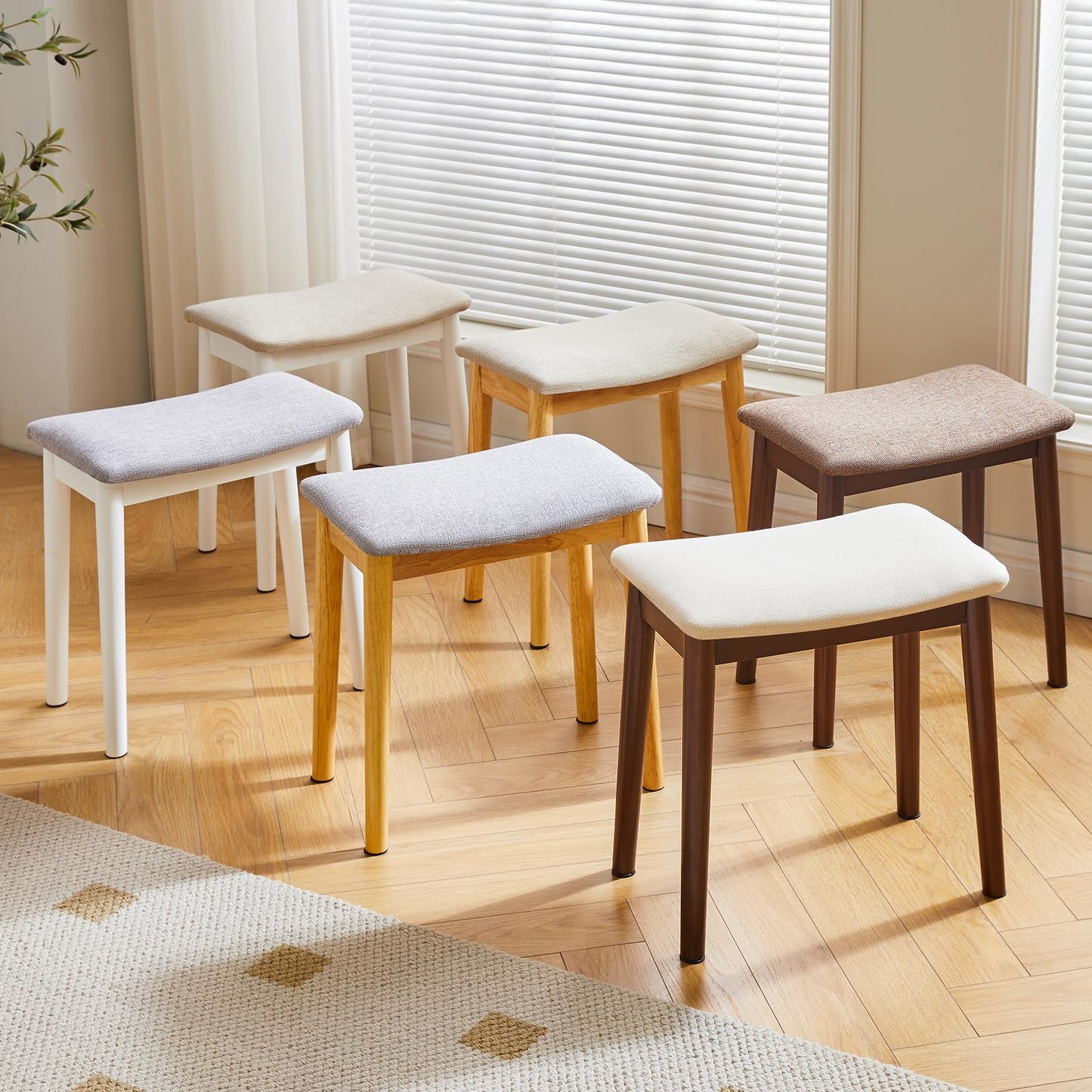 IBUYKE Saddle Cushion Vanity Stool Chair, Foot Rest Stool with Solid Wood Legs, Modern Vanity Bench Ottoman for Piano, Upholstered Seat for Bedroom, Entryway, Walnut Legs&Off White WBD007HM