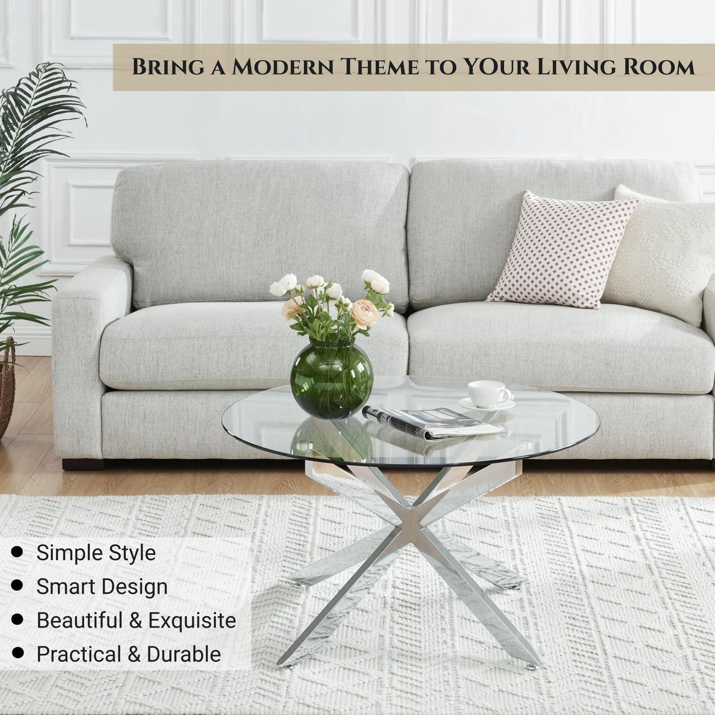 Round Glass Coffee Tables for Living Room, Home Office, Modern & Simple Center Table with Clear Tempered Glass Top, 35.5" Wx19.7 H Silver